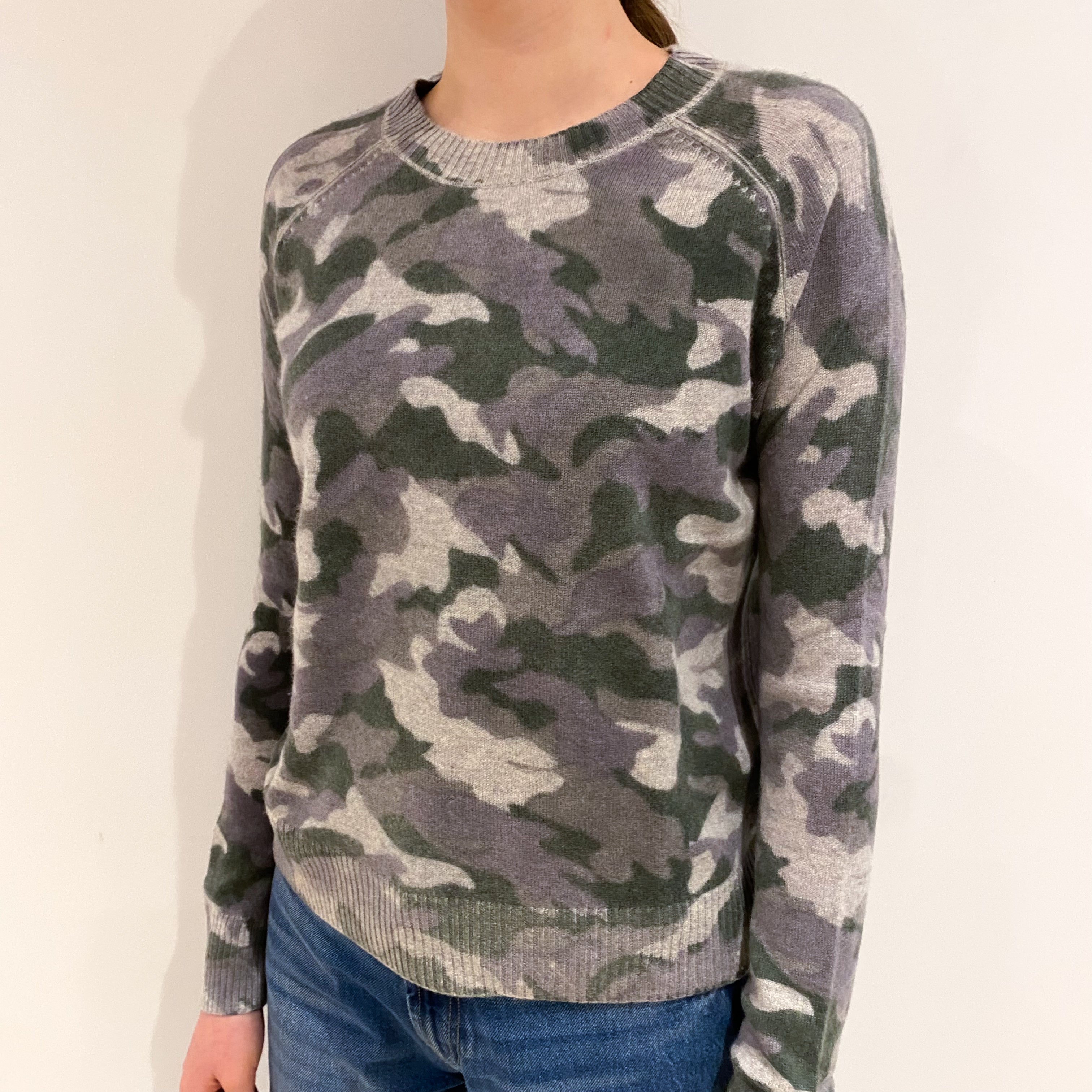 Grey Camouflage Print Cashmere Crew Neck Jumper Extra Small