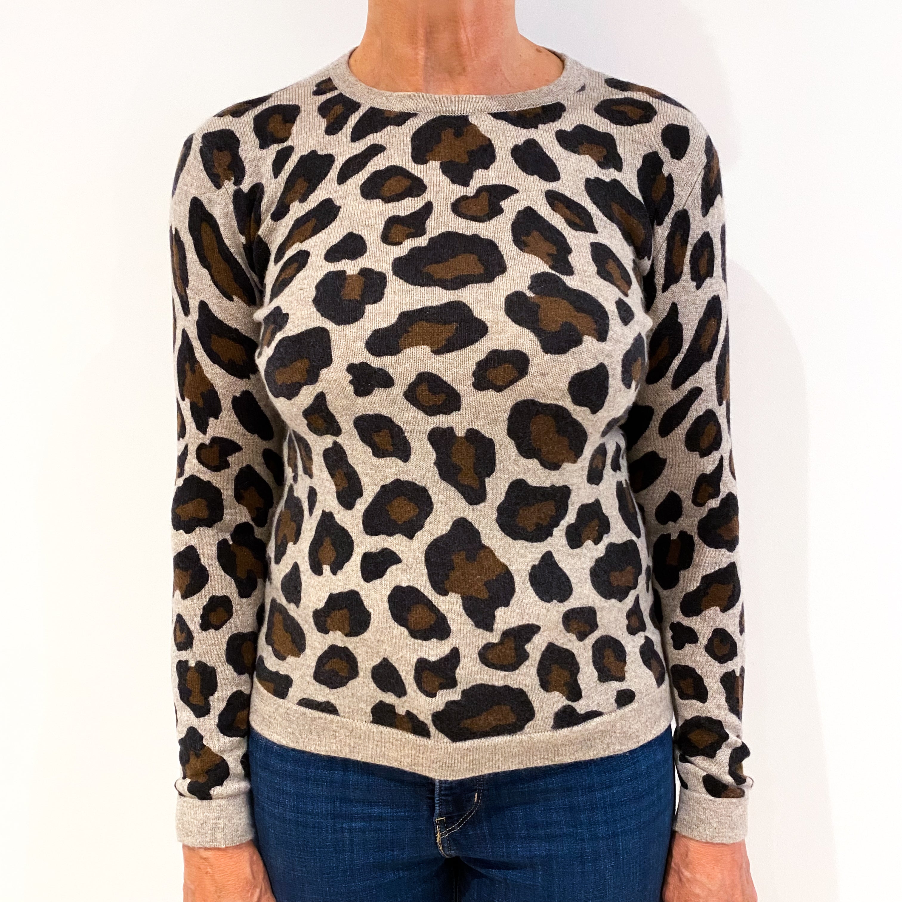 Fawn Brown and Grey Leopard Print Cashmere Crew Neck Jumper Medium