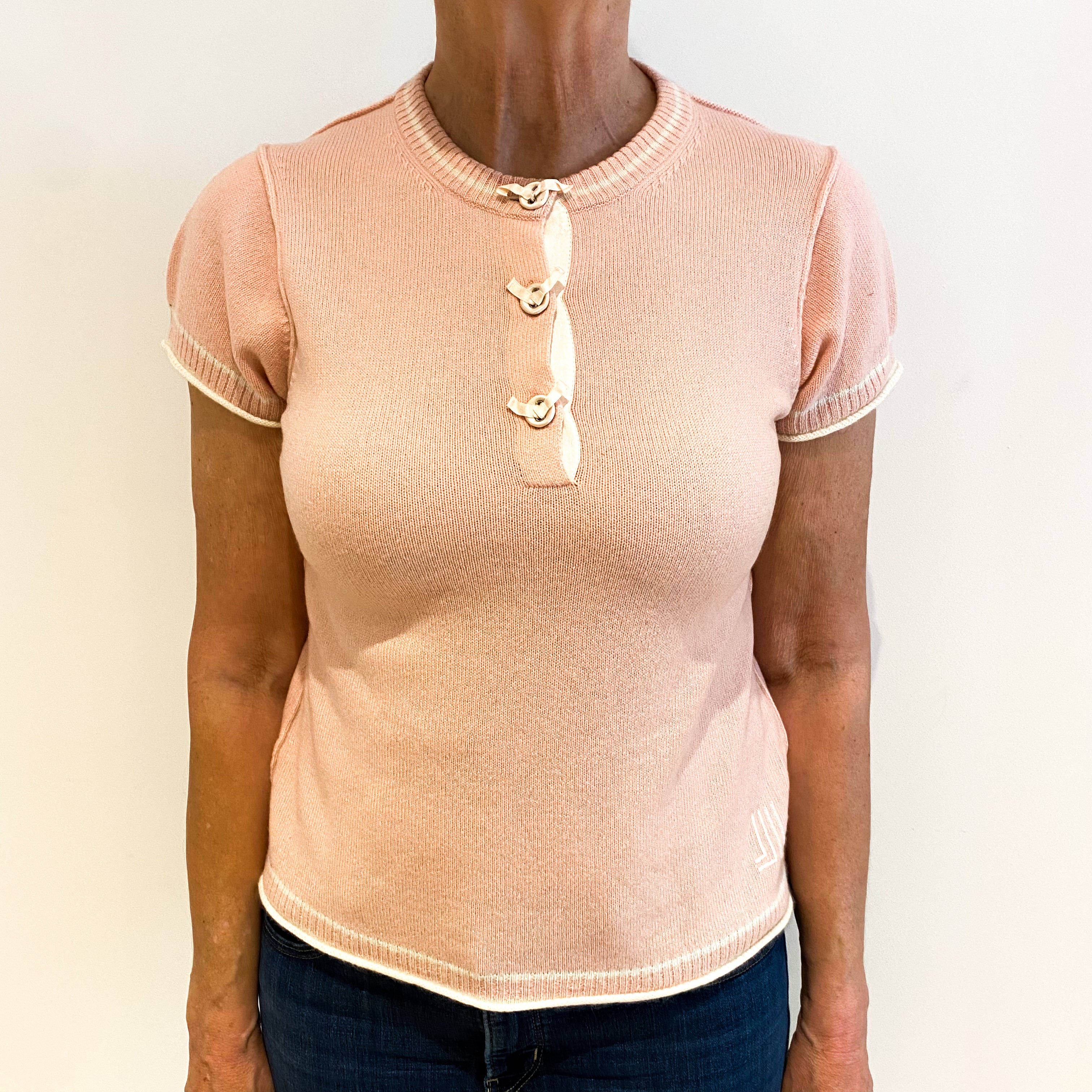 Shell Pink And White Cashmere 3/4 Button Crew Neck Jumper Medium