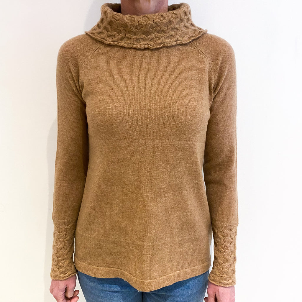 Butterscotch Brown Cashmere Textured Polo Neck Jumper Small