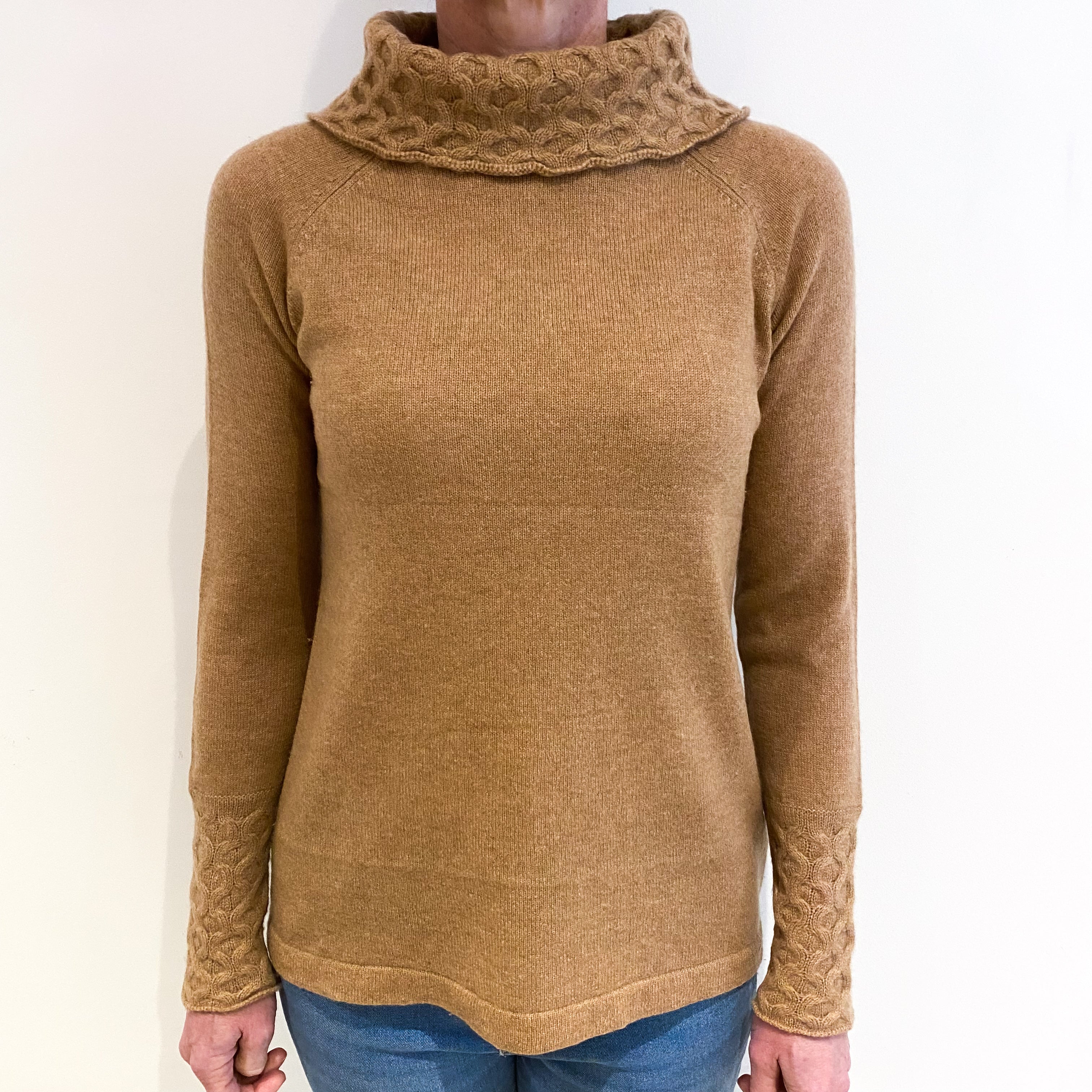 Butterscotch Brown Cashmere Textured Polo Neck Jumper Small