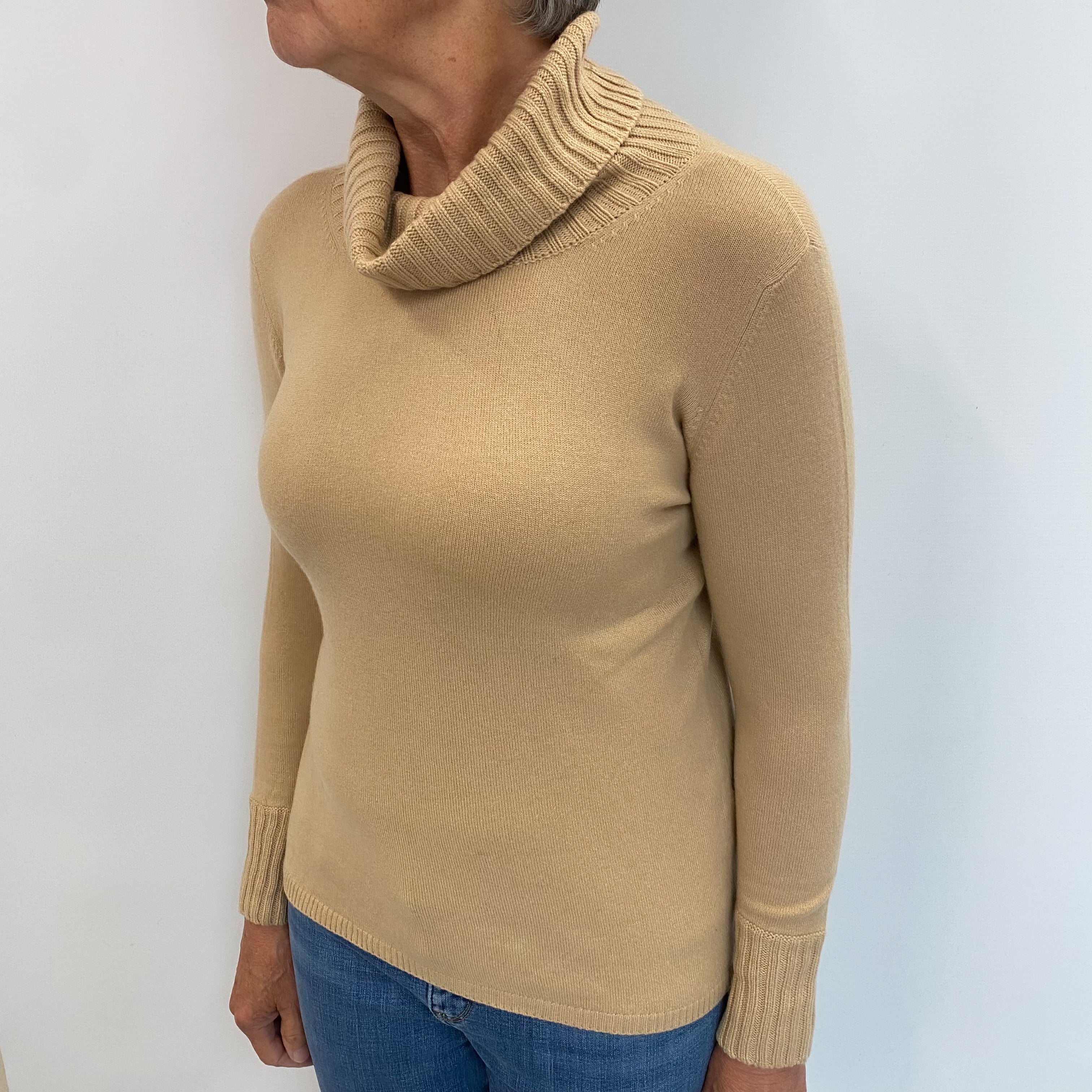 Camel Brown Cashmere Polo Neck Jumper Medium