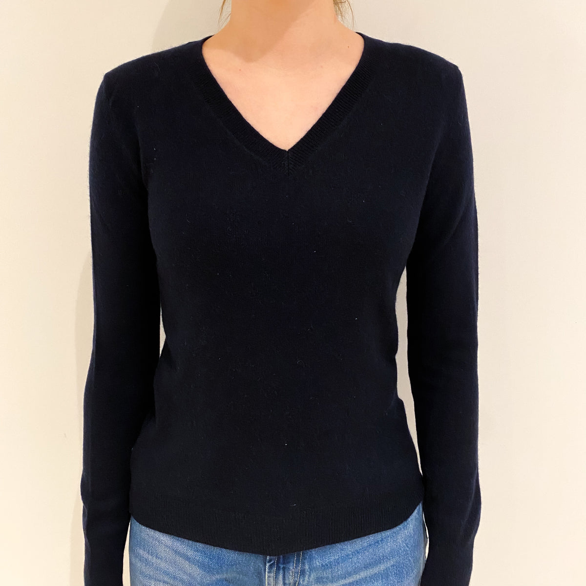 Dark Navy Blue Cashmere V Neck Jumper Extra Small
