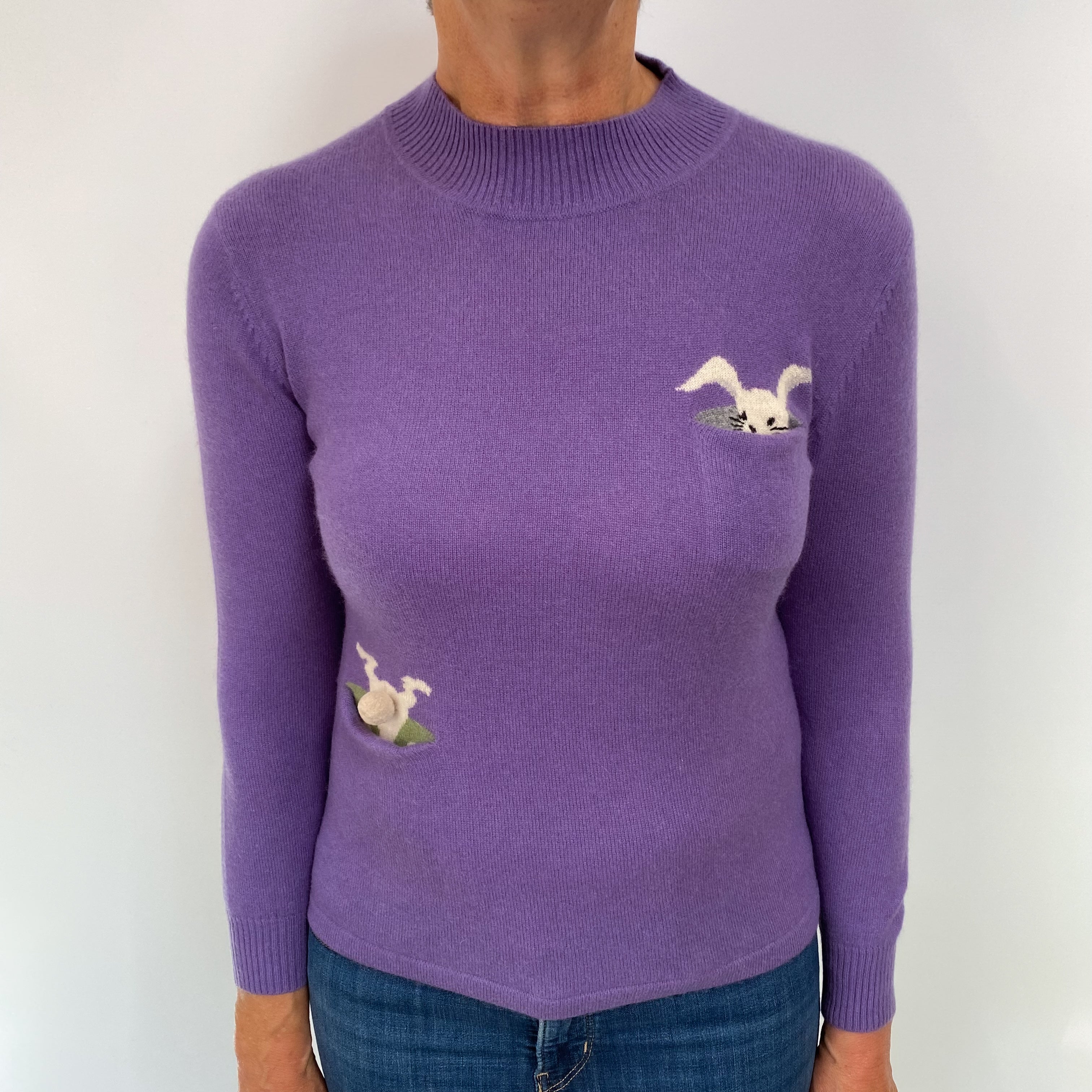 Purple Bunny Motif Cashmere Turtle Neck Jumper Medium