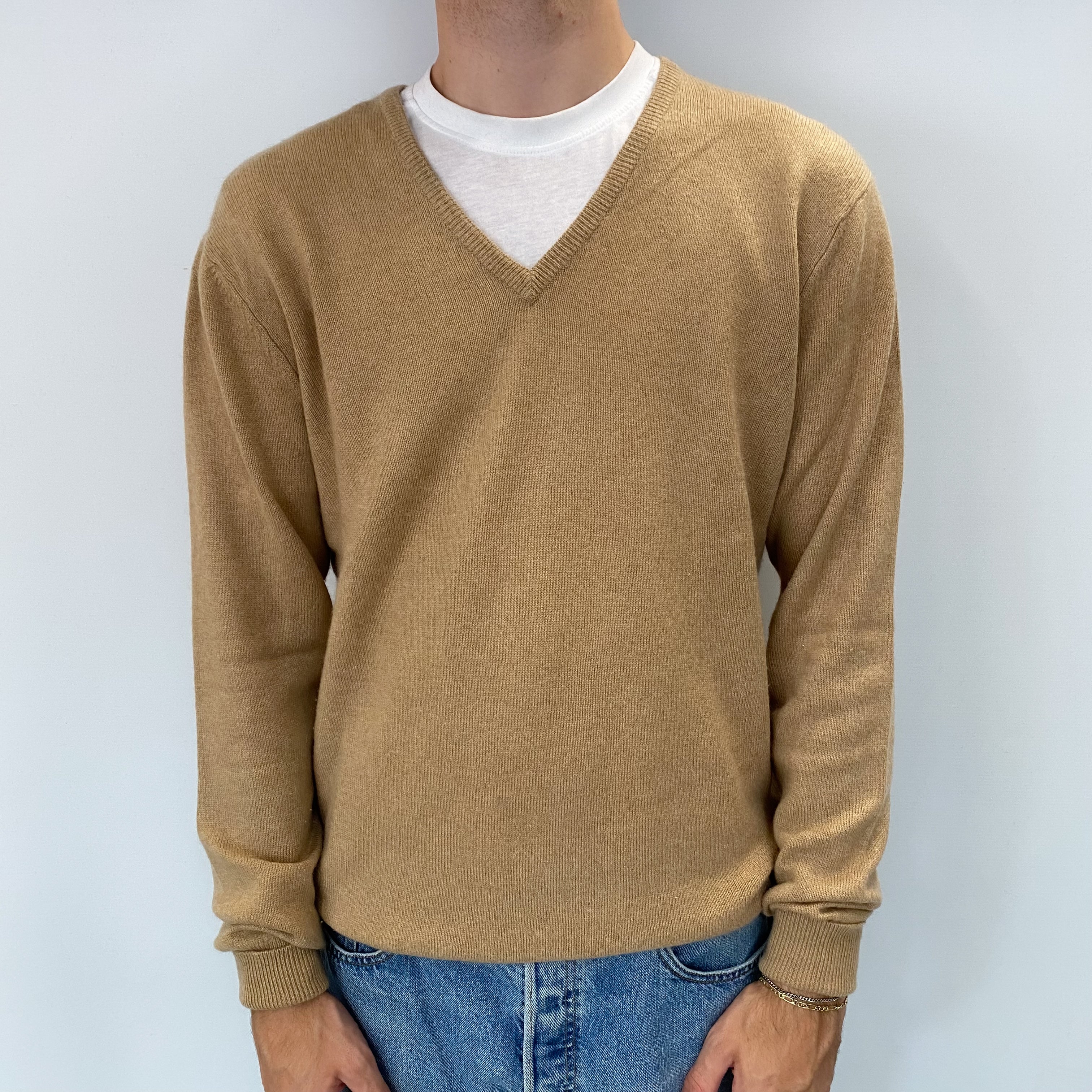 Men's Pringle Camel Brown Cashmere V Neck Jumper Large