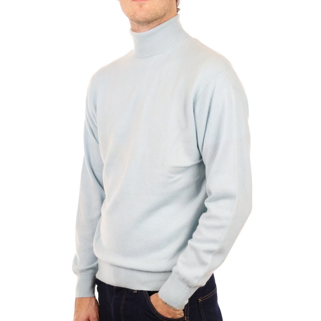 Men's Opal Blue Cashmere Polo Neck Jumper Medium