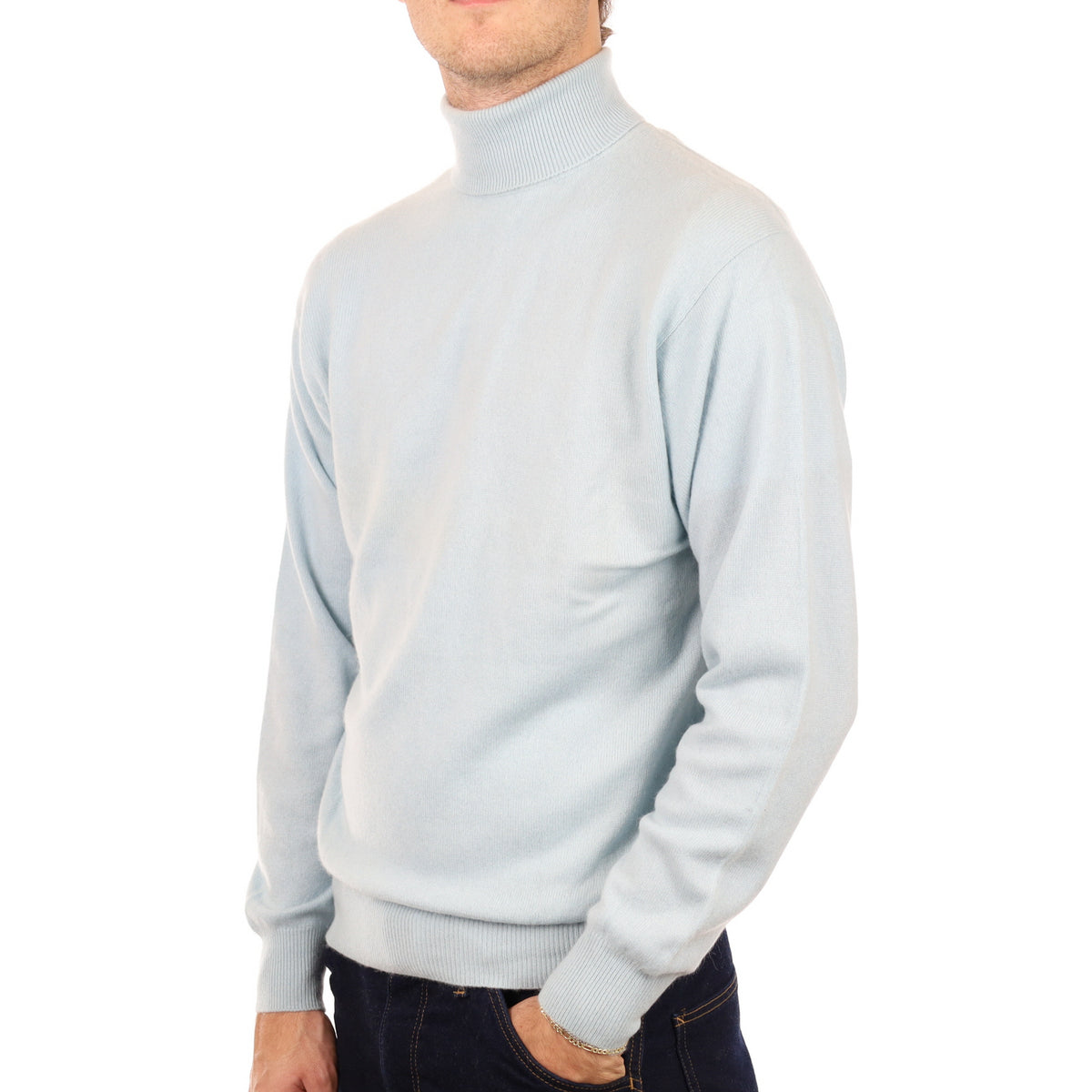 Men's Opal Blue Cashmere Polo Neck Jumper Medium