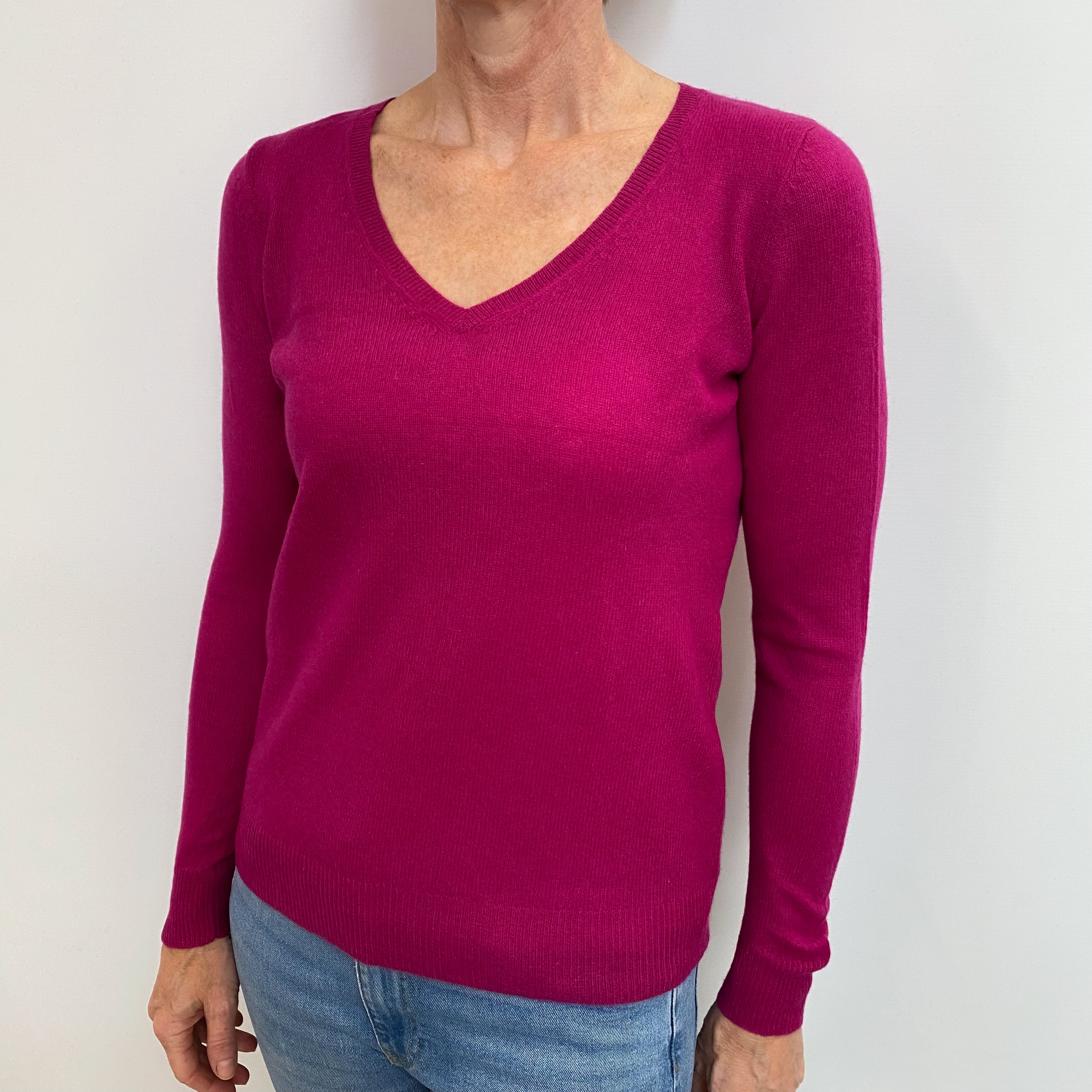 Fuchsia Pink Cashmere V Neck Jumper Small