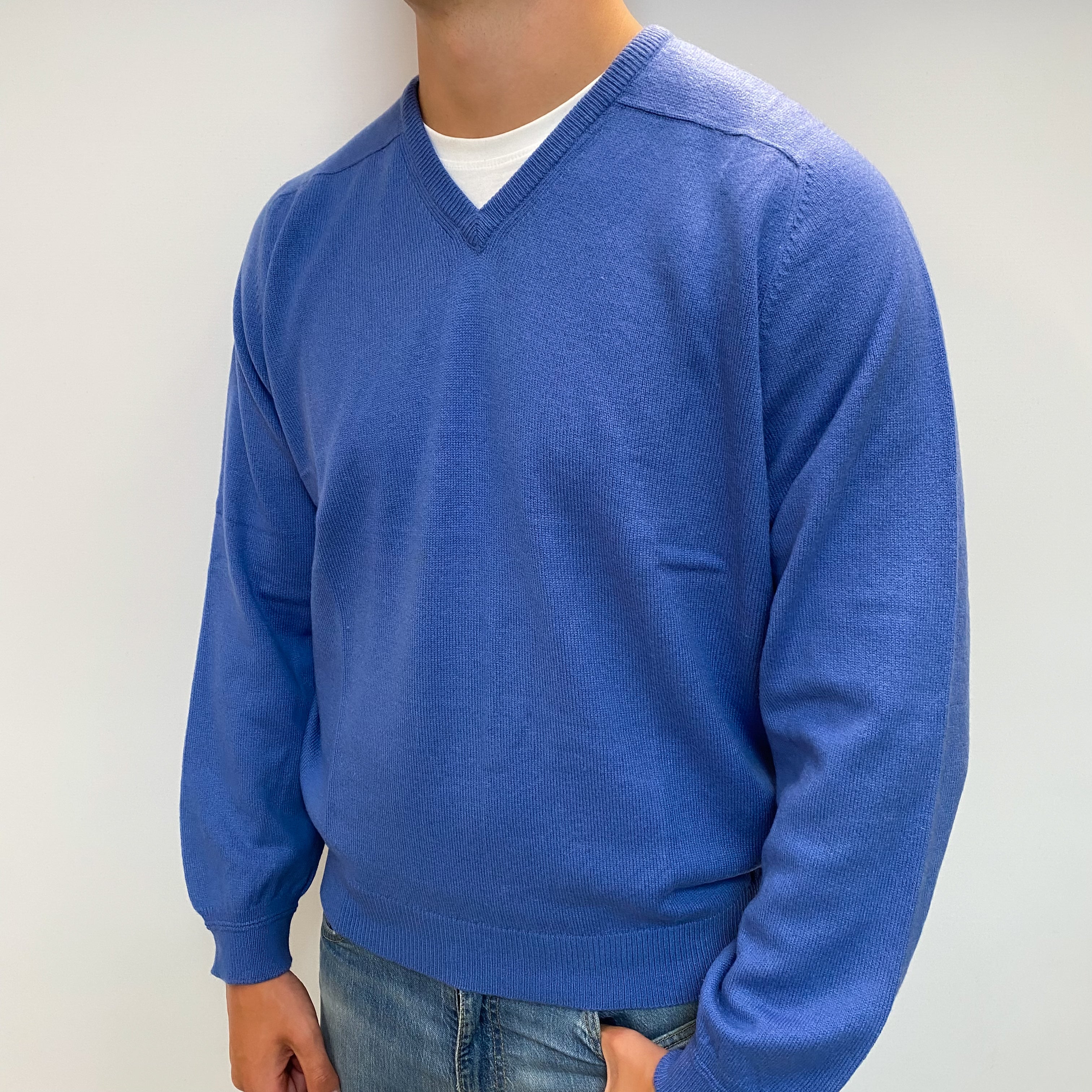 Men's Airforce Blue Cashmere V Neck Jumper XL