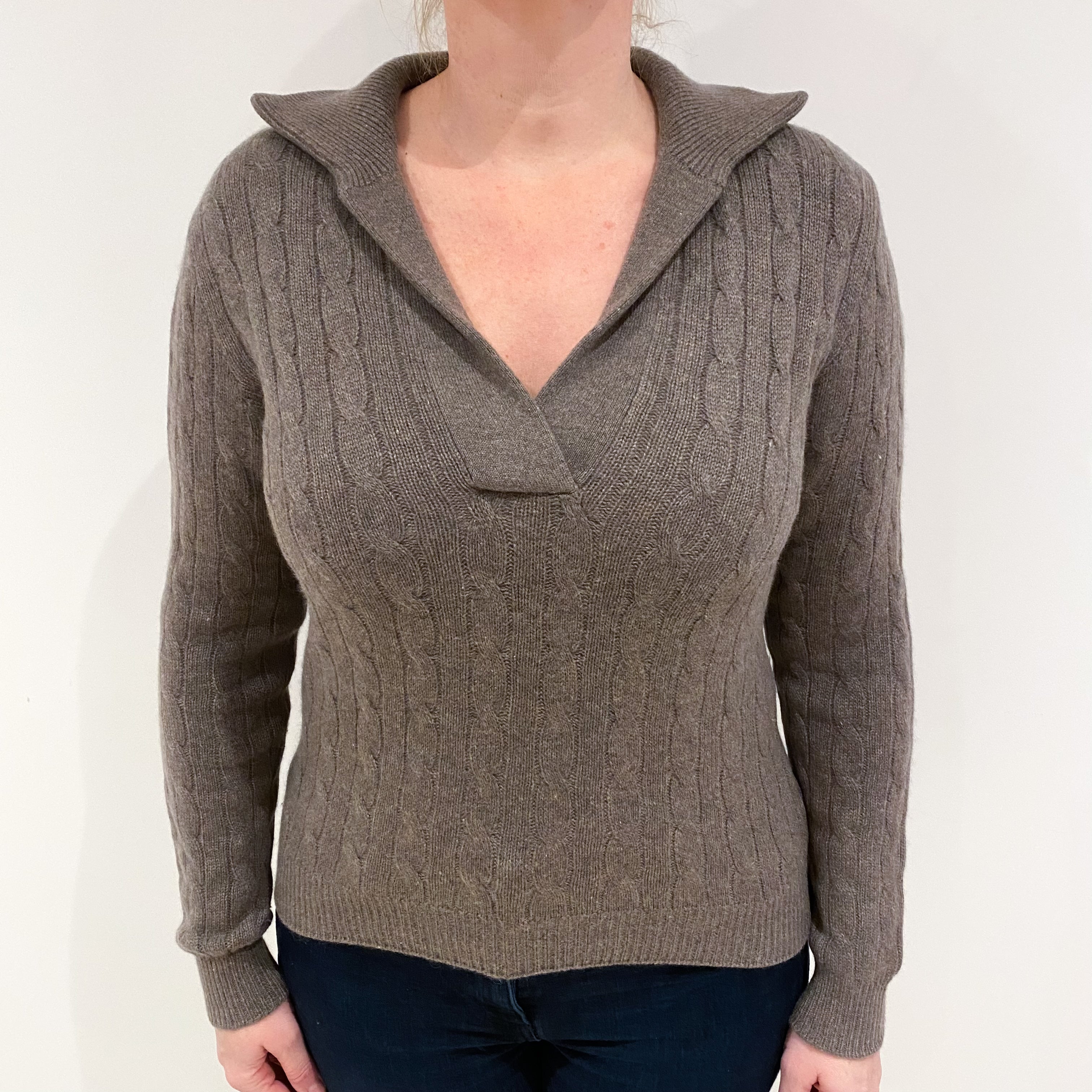 Mocha Brown Cable Cashmere V Neck Jumper with Collar Large