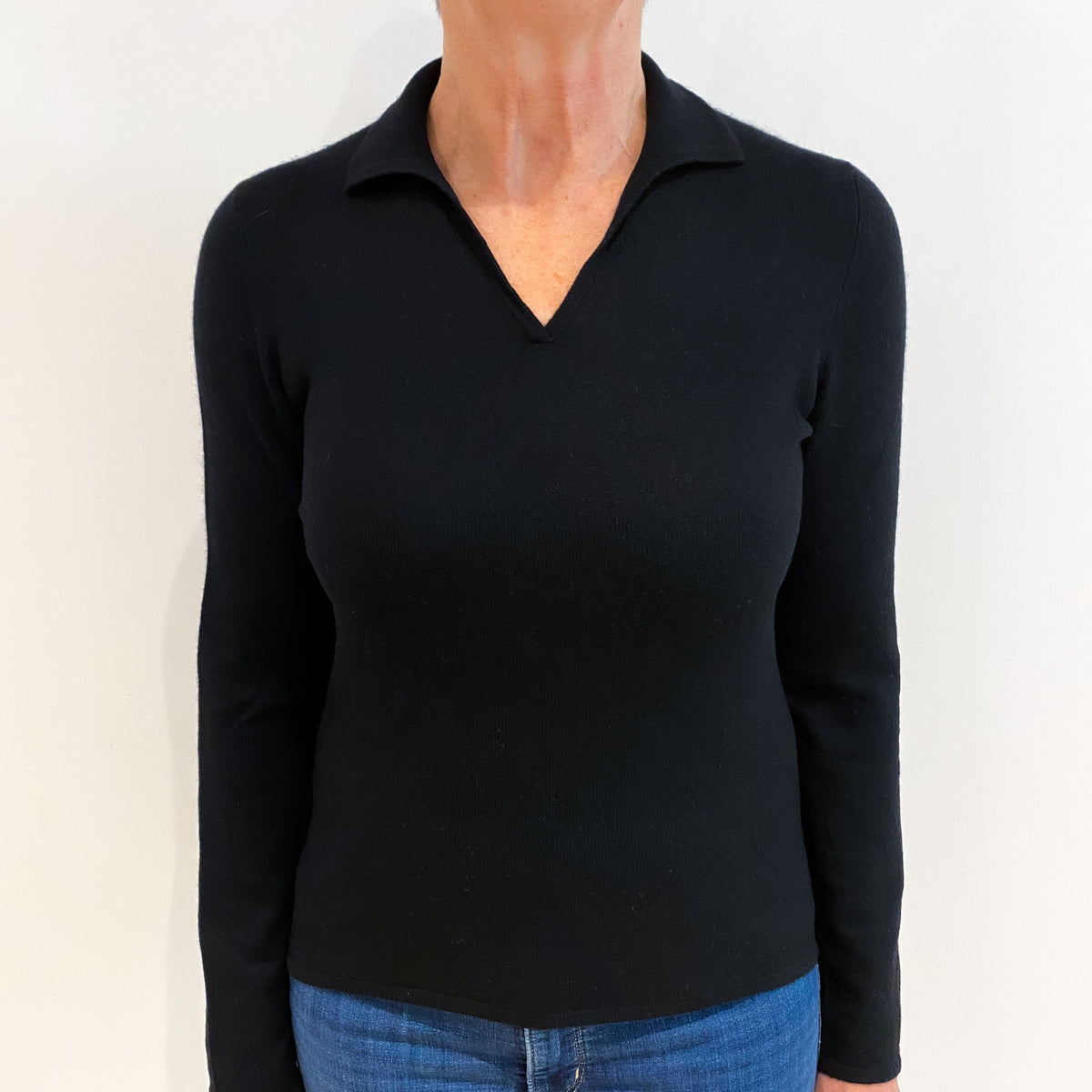 Black Cashmere Collared V Neck Jumper Medium