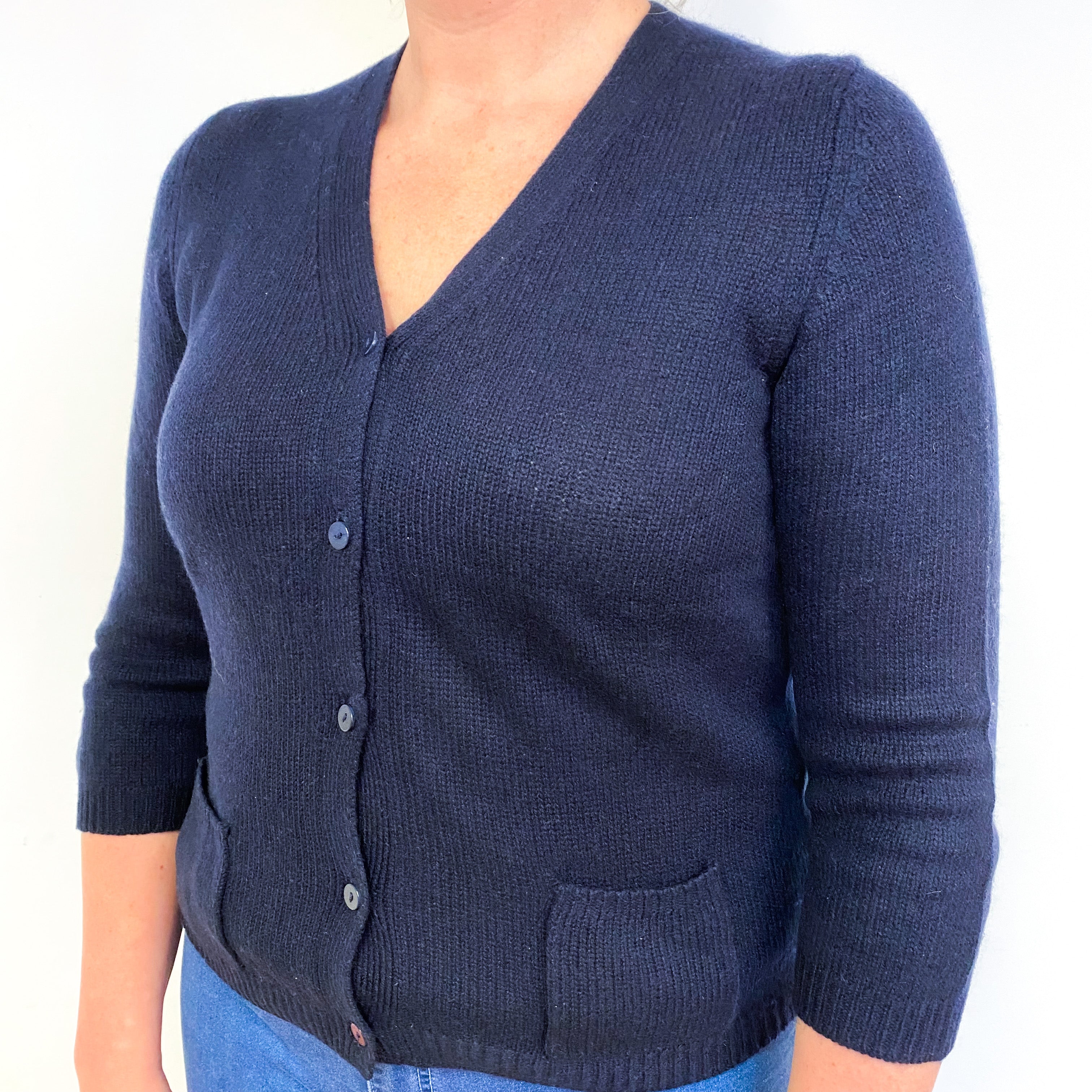 Dark Navy 3/4 Sleeve Cashmere V-Neck Cardigan Large