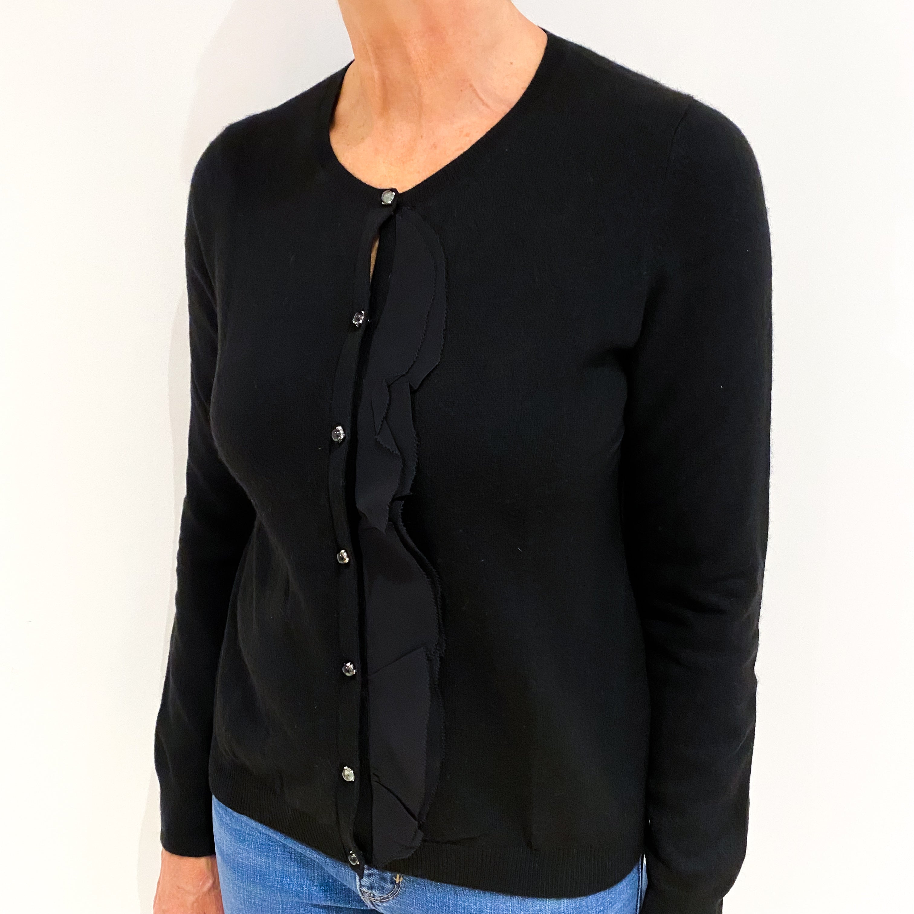 Black Chiffon Trim Cashmere Crew Neck Cardigan Medium