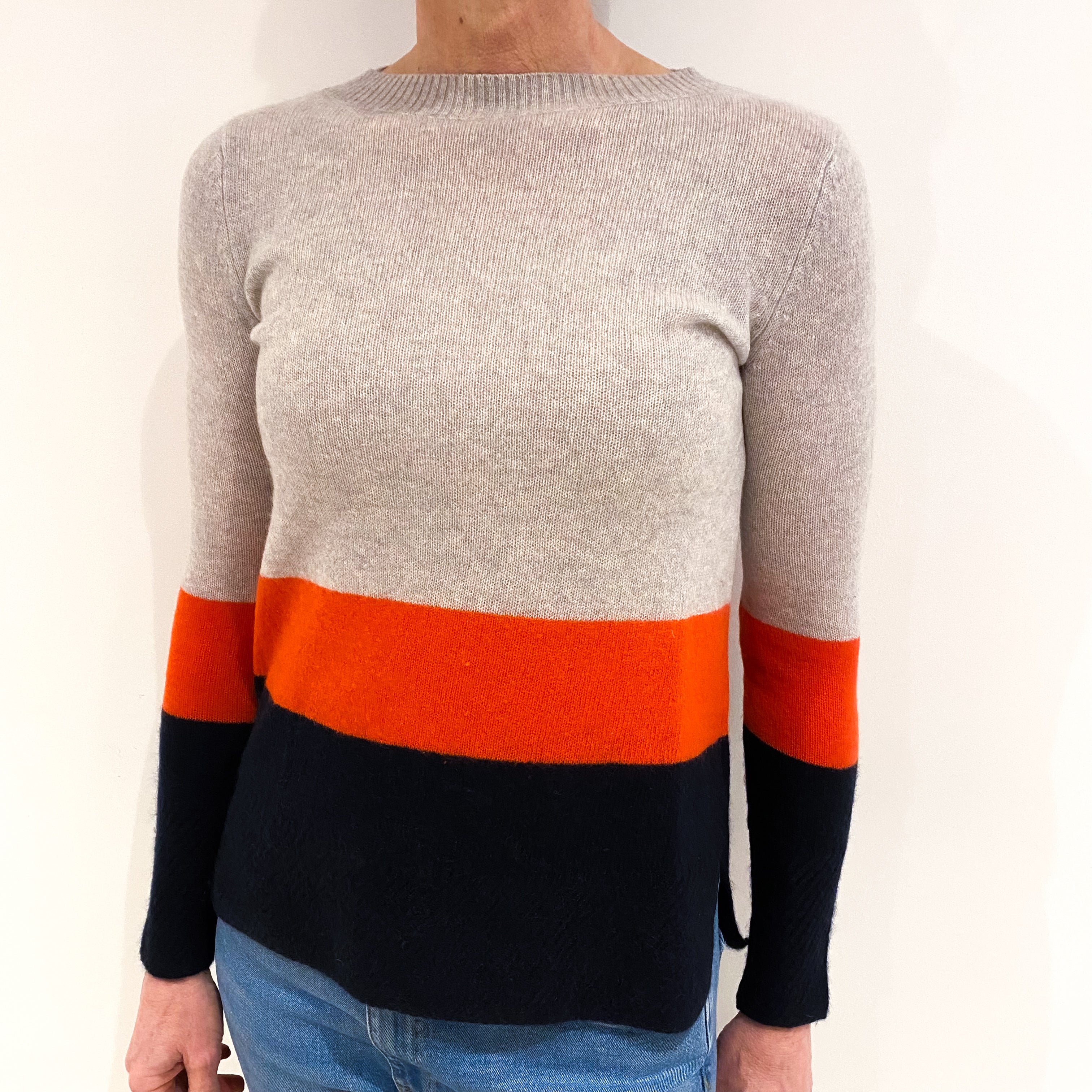 Jigsaw Mist Grey, Vermillion And Navy Cashmere Crew Neck Jumper Small