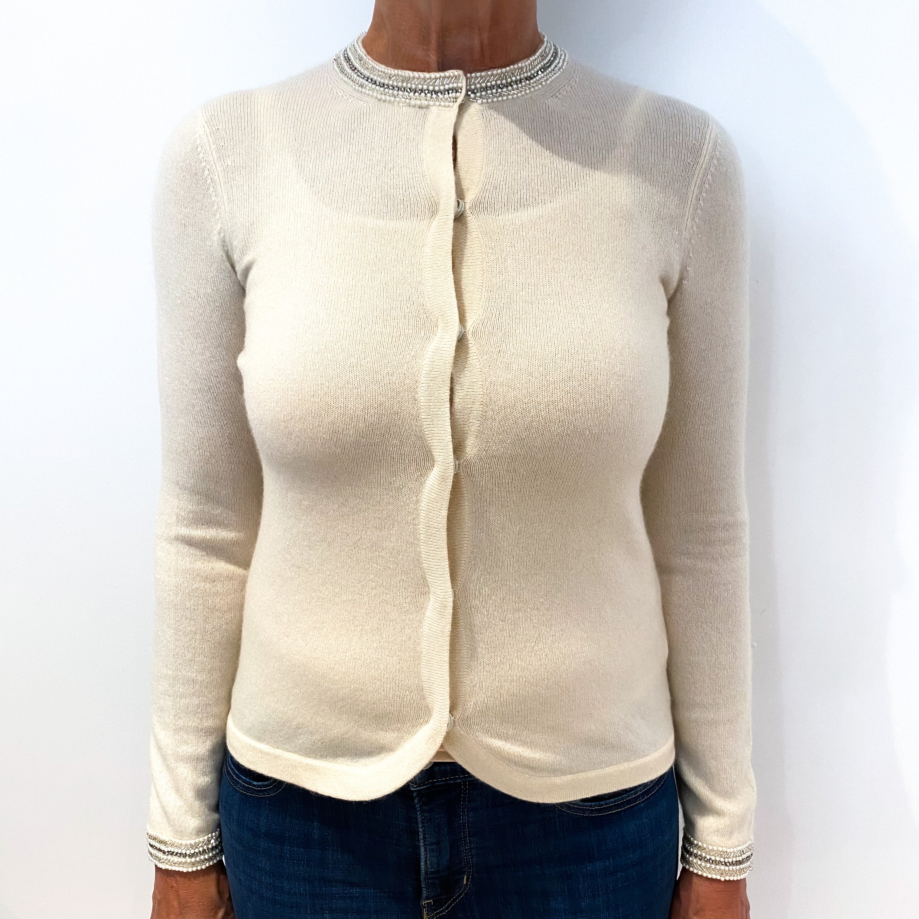 Cream Embellished Cashmere Crew Neck Cardigan Medium