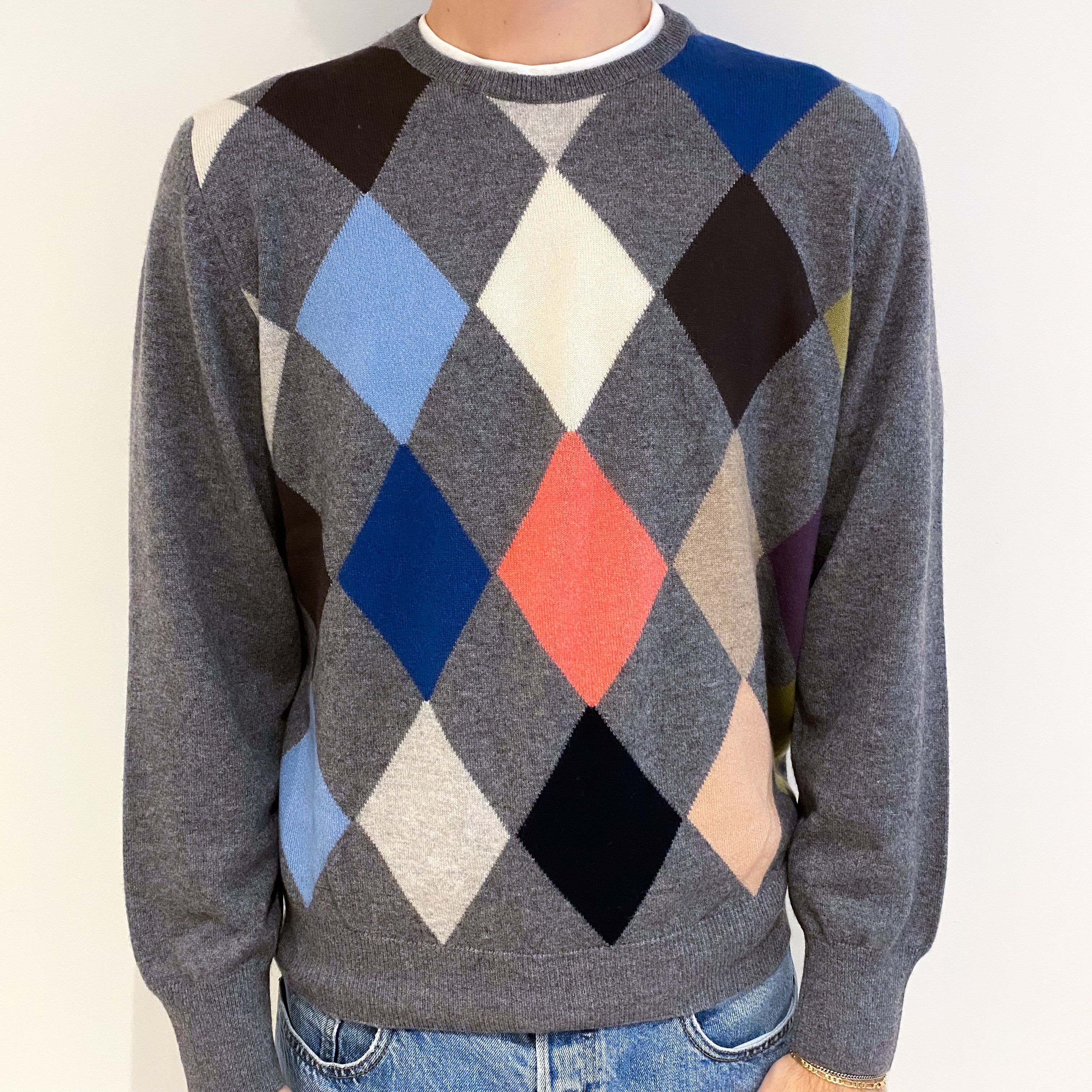 Men's Grey Colourful Diamond Cashmere Crew Neck Jumper Large