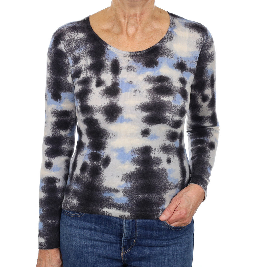 Charcoal and Blue Patterned Cashmere Crew Neck Jumper Medium