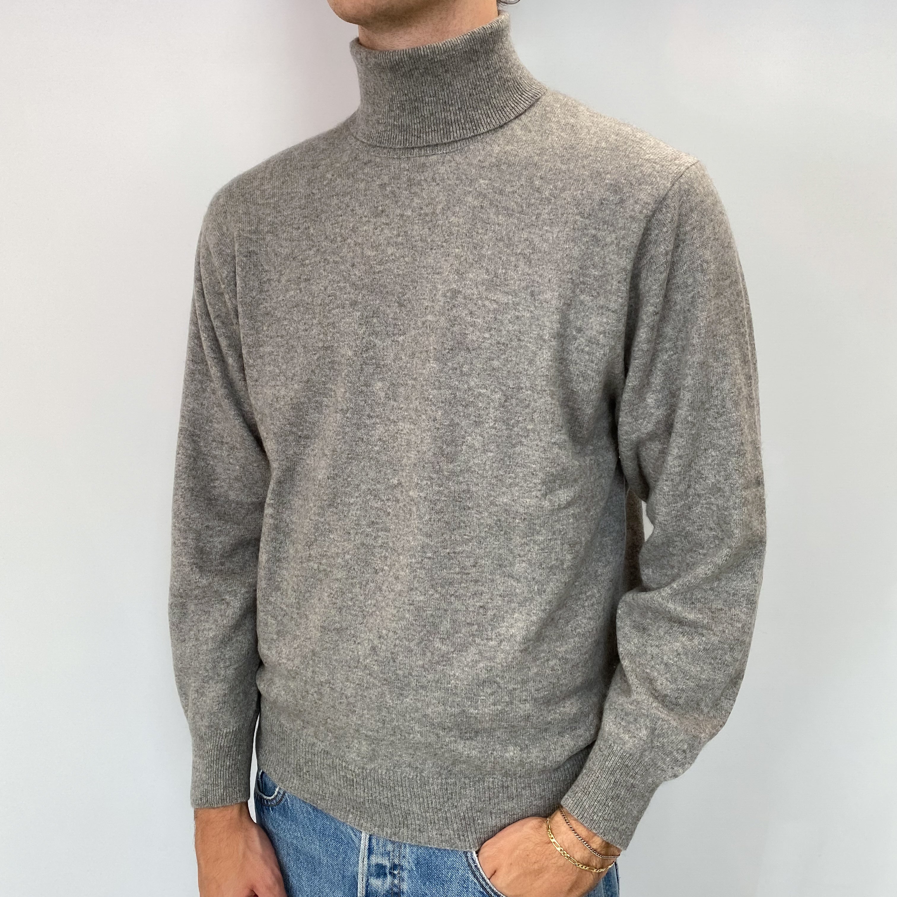 Men's Ash Grey Cashmere Polo Neck Jumper Medium