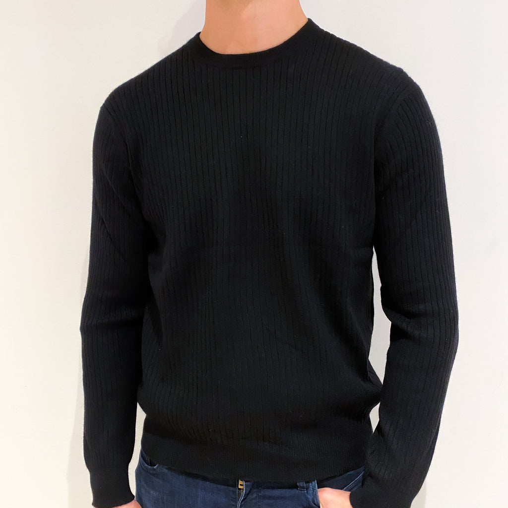Men's Black Ribbed Cashmere Crew Neck Jumper Extra Large