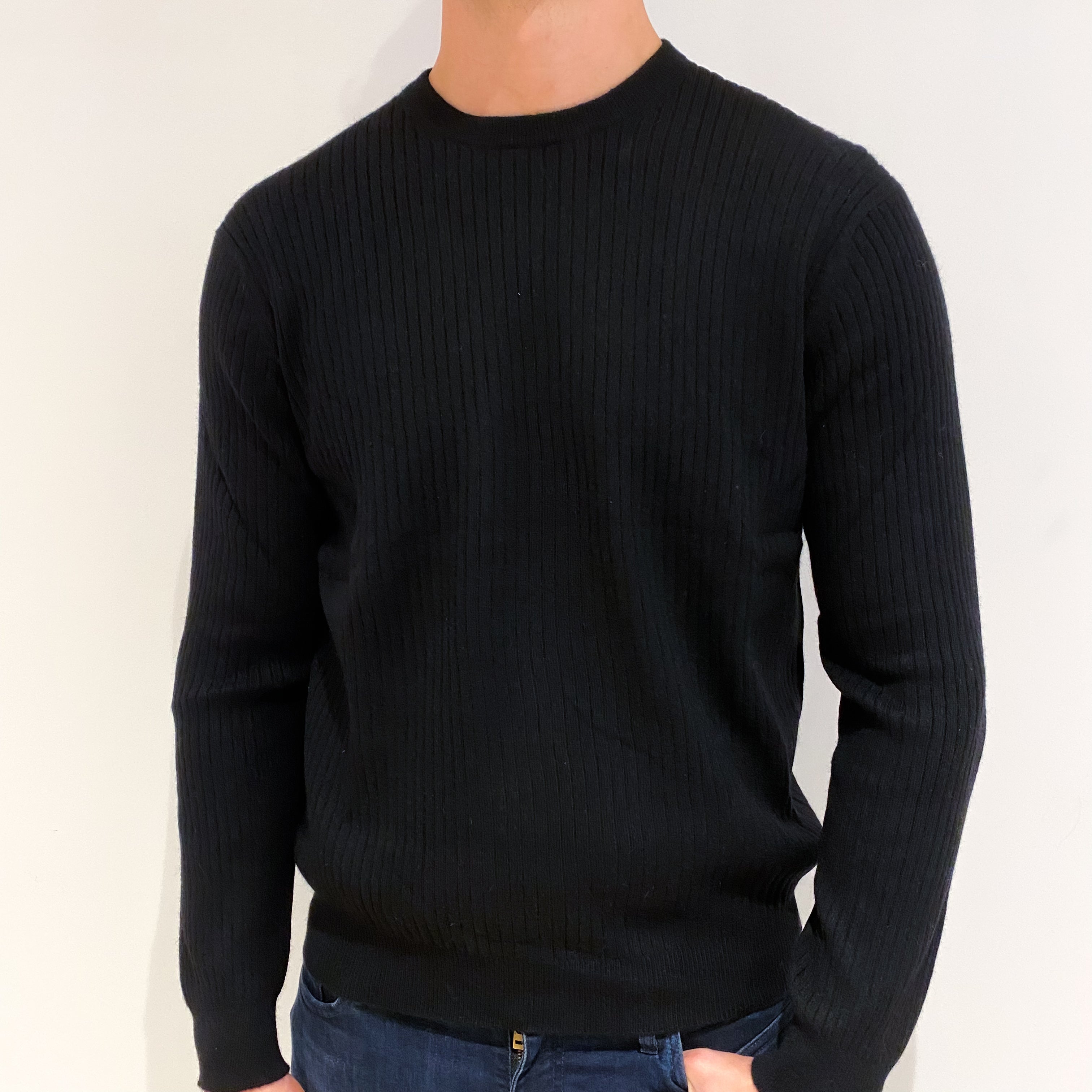 Men's Black Ribbed Cashmere Crew Neck Jumper Extra Large