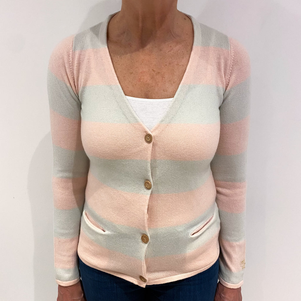 Shell Pink and Palest Mint Stripe Cashmere V Neck Cardigan Medium