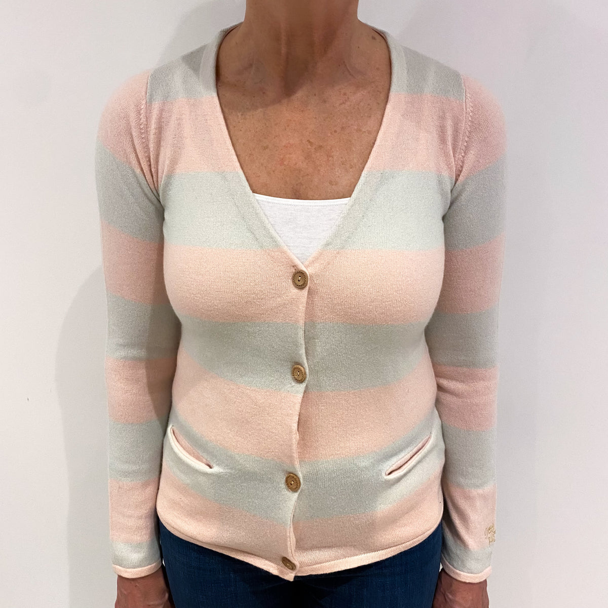 Shell Pink and Palest Mint Stripe Cashmere V Neck Cardigan Medium