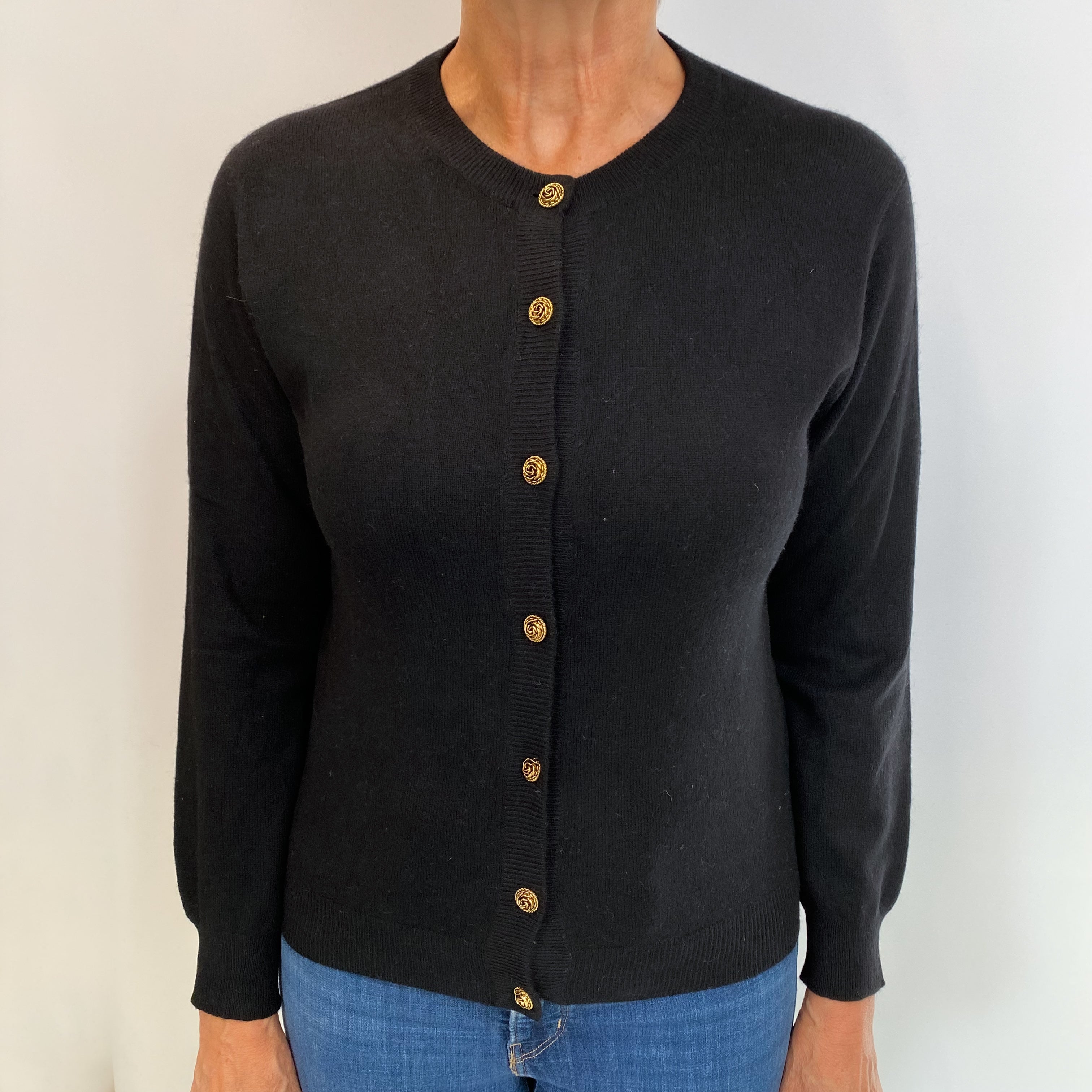Black Cashmere Crew Neck Cardigan Medium