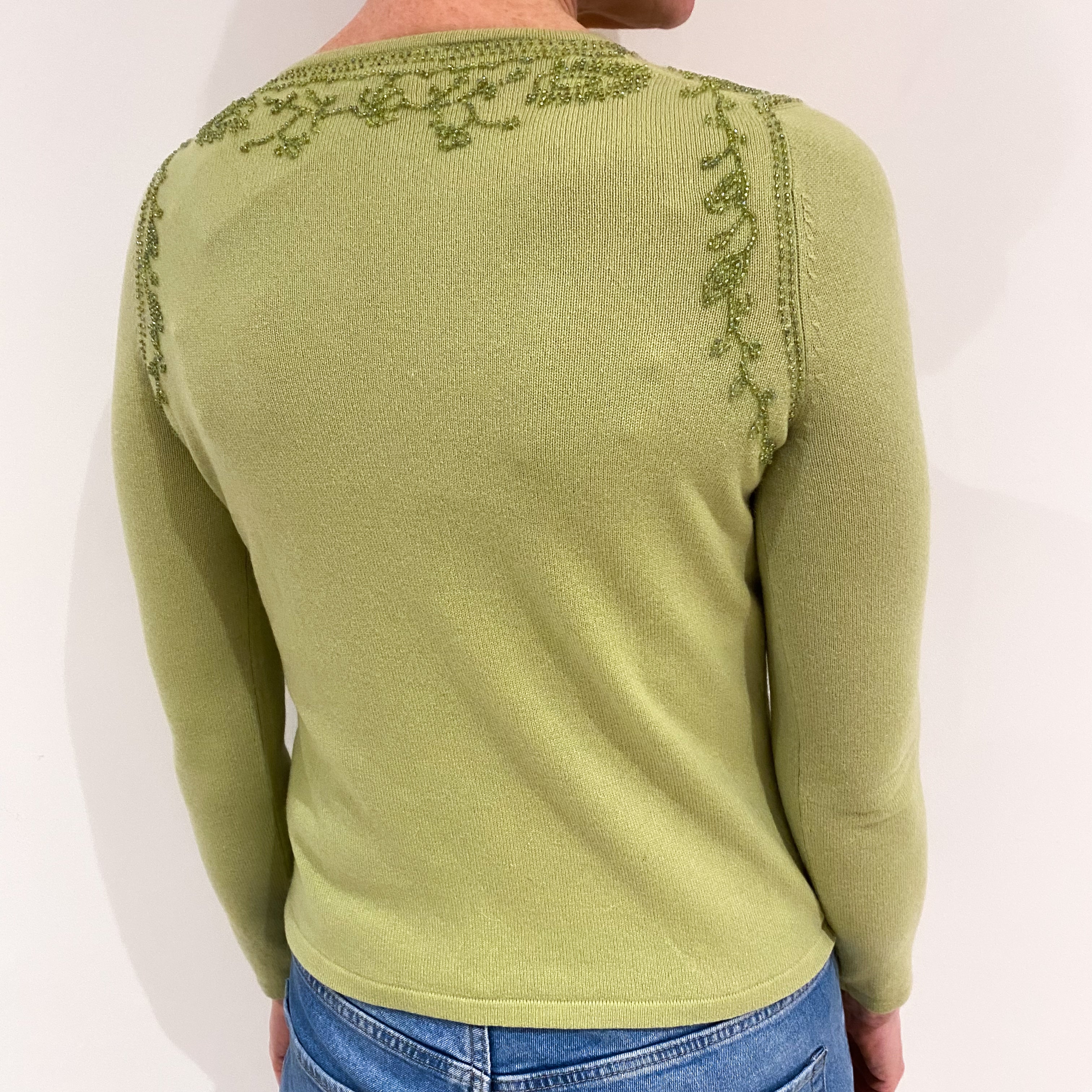 Pistachio Green Bead Embellished Cashmere Notch Neck Cardigan Small