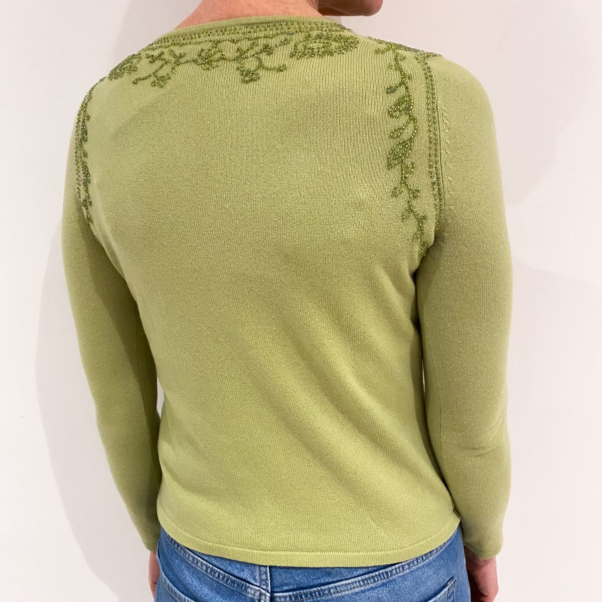 Pistachio Green Bead Embellished Cashmere Notch Neck Cardigan Small