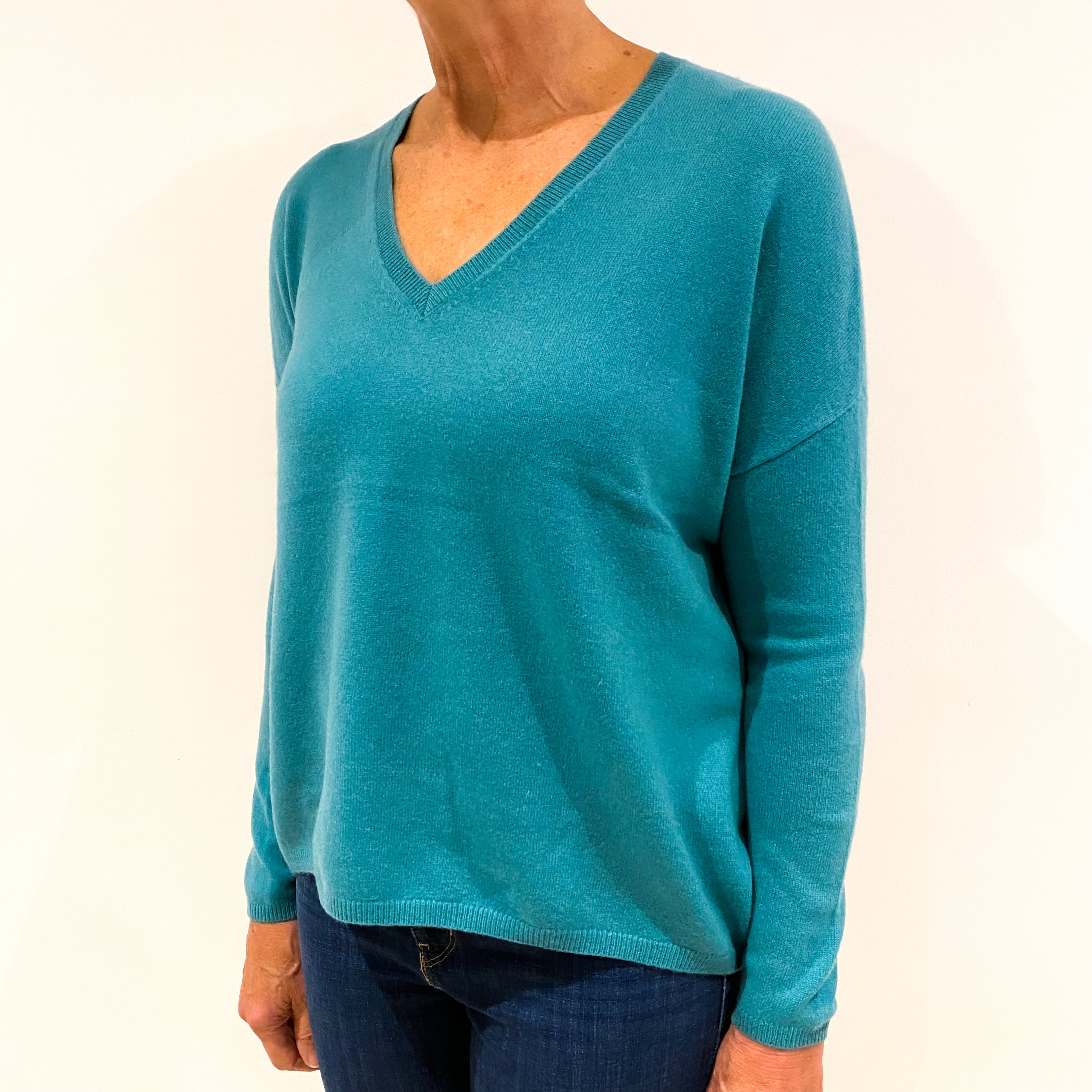 Teal Green Slouchy Cashmere V-Neck Jumper Mediun