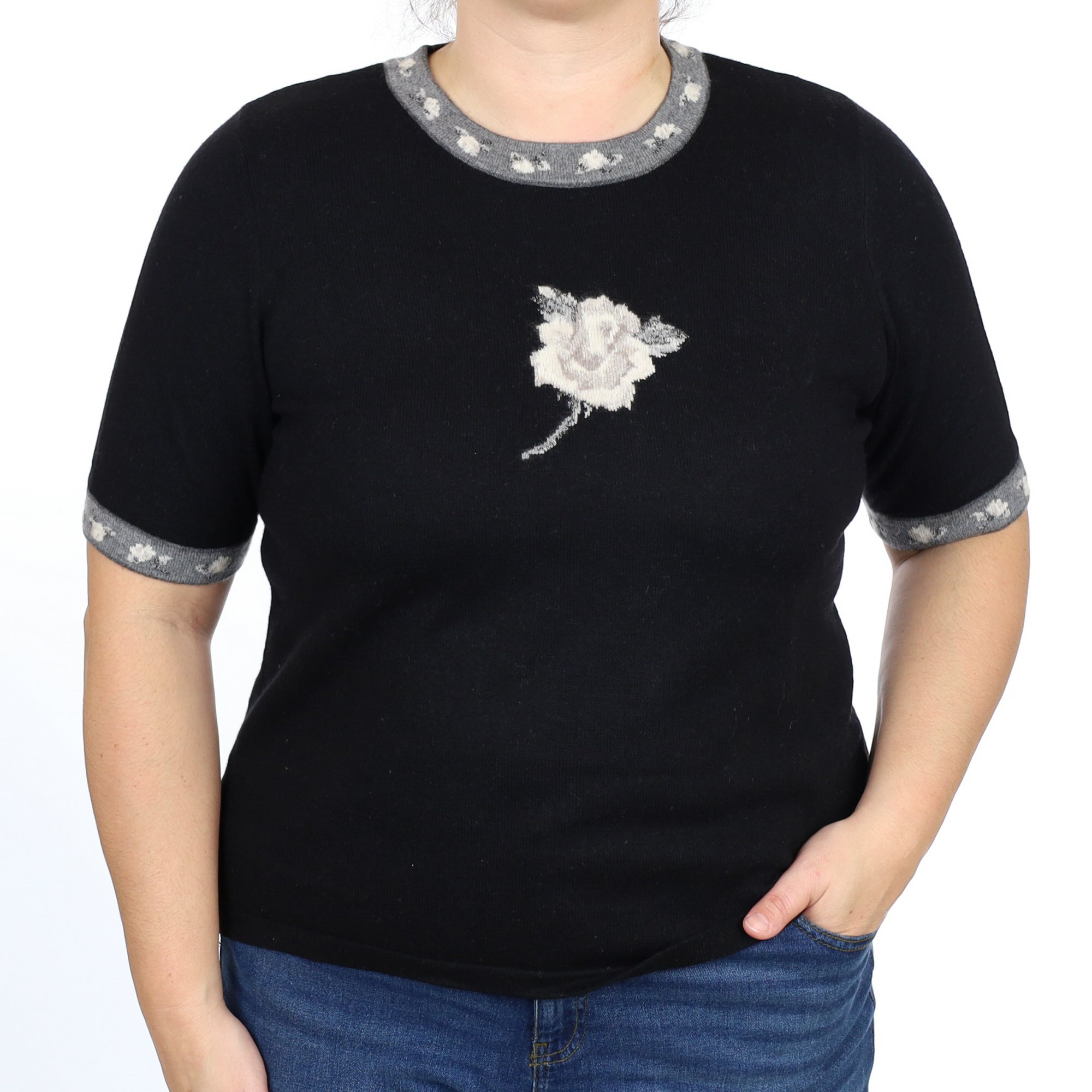 Black Floral Cashmere Short Sleeve Crew Neck Jumper Large