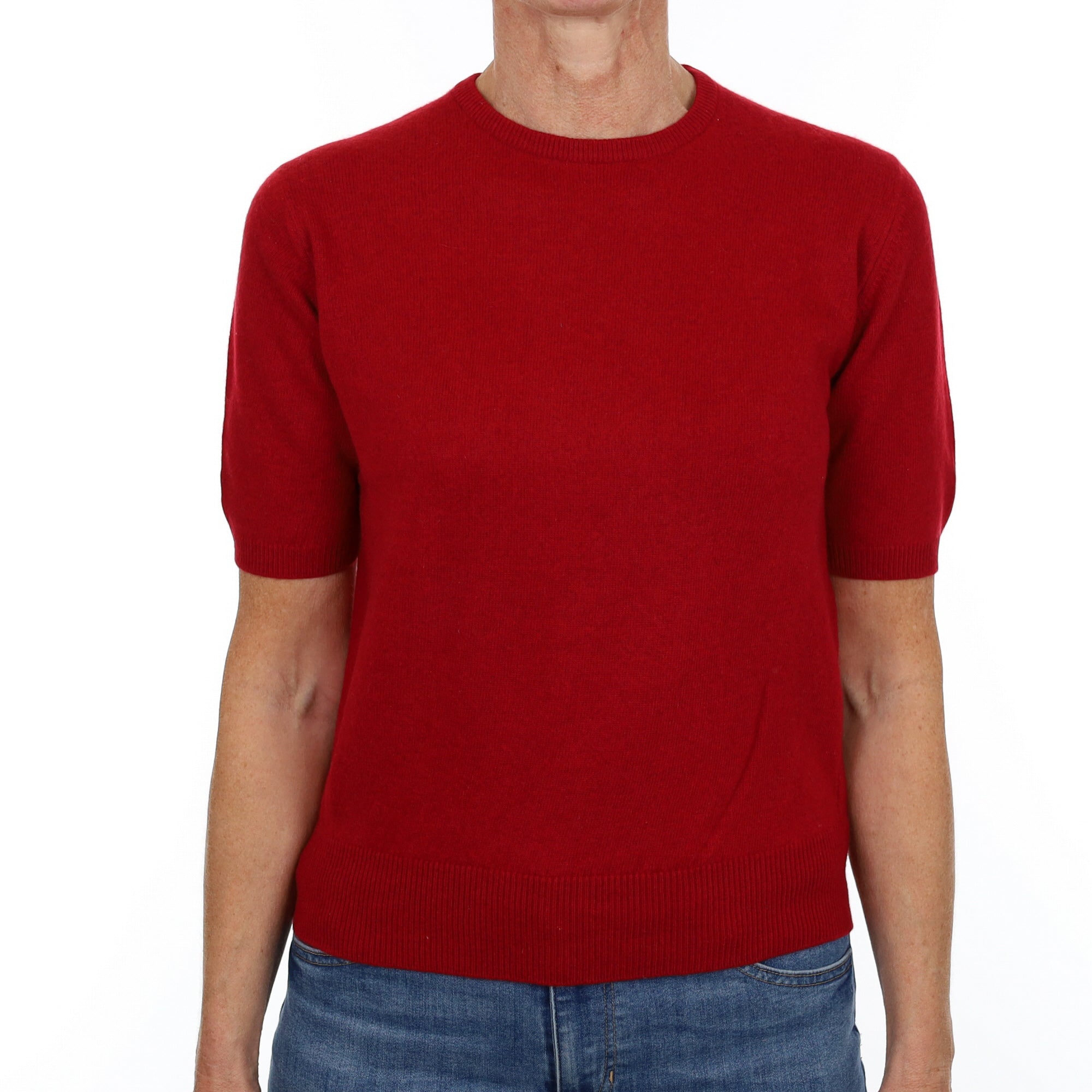 Crimson Red Cashmere Crew Neck Short Sleeved Jumper Small