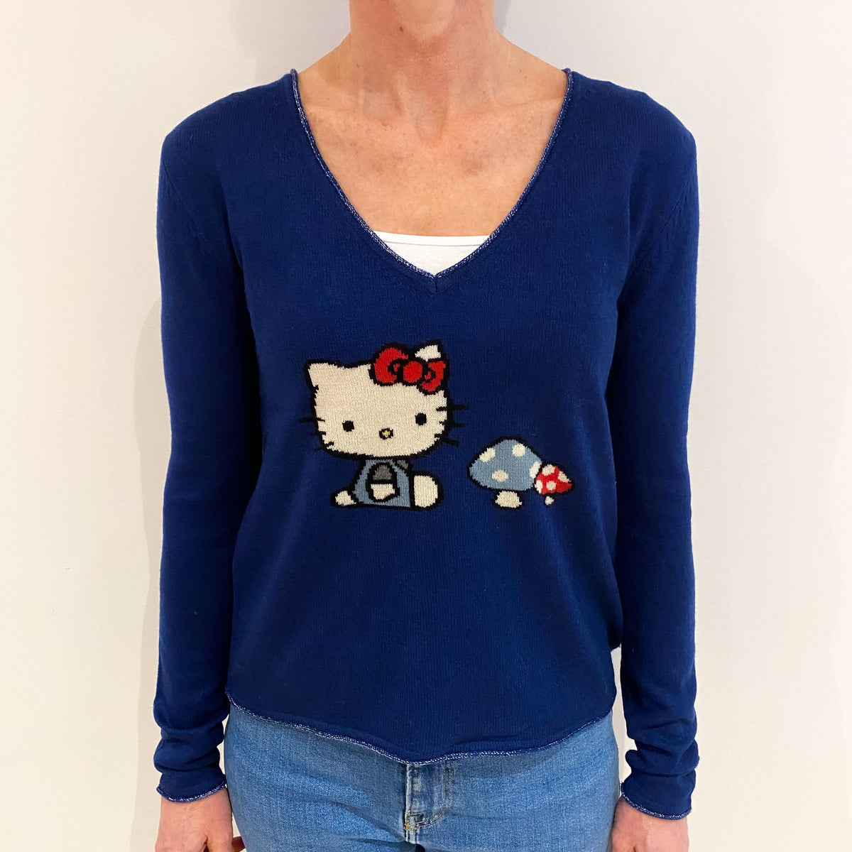French Navy ‘Hello Kitty’ Design Cashmere V Neck Jumper Small