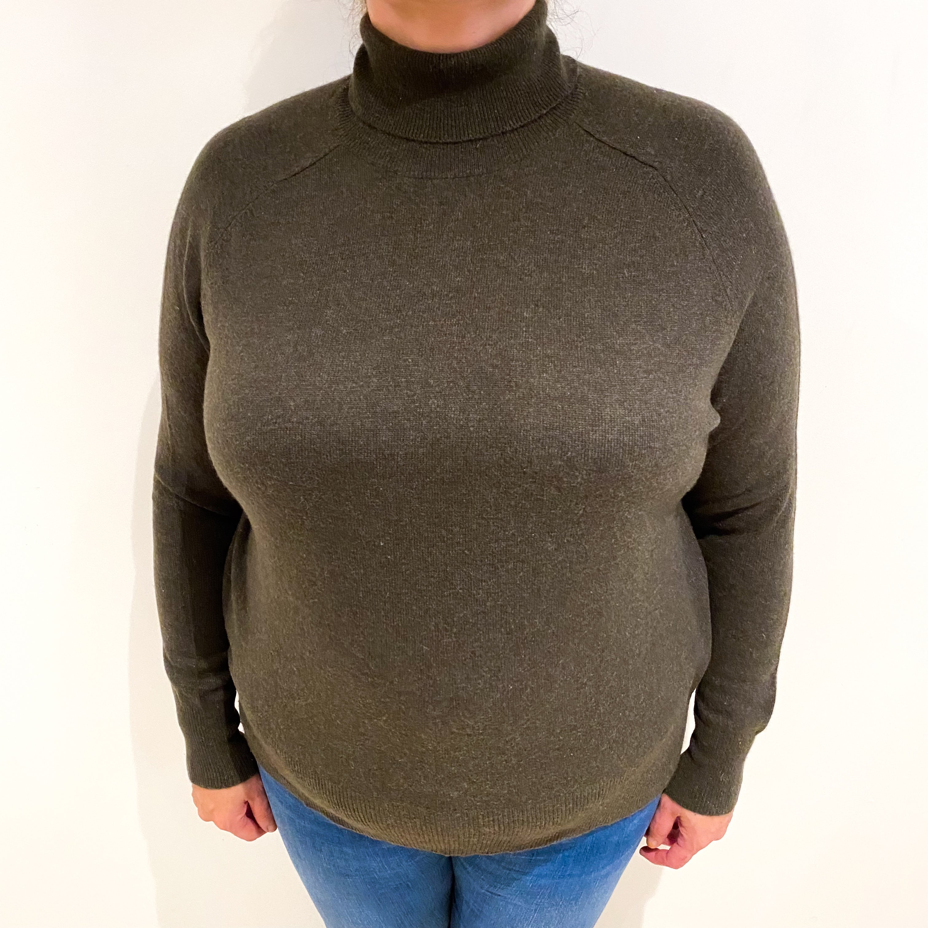 Deep Khaki Green Cashmere Polo Neck Jumper Extra Large