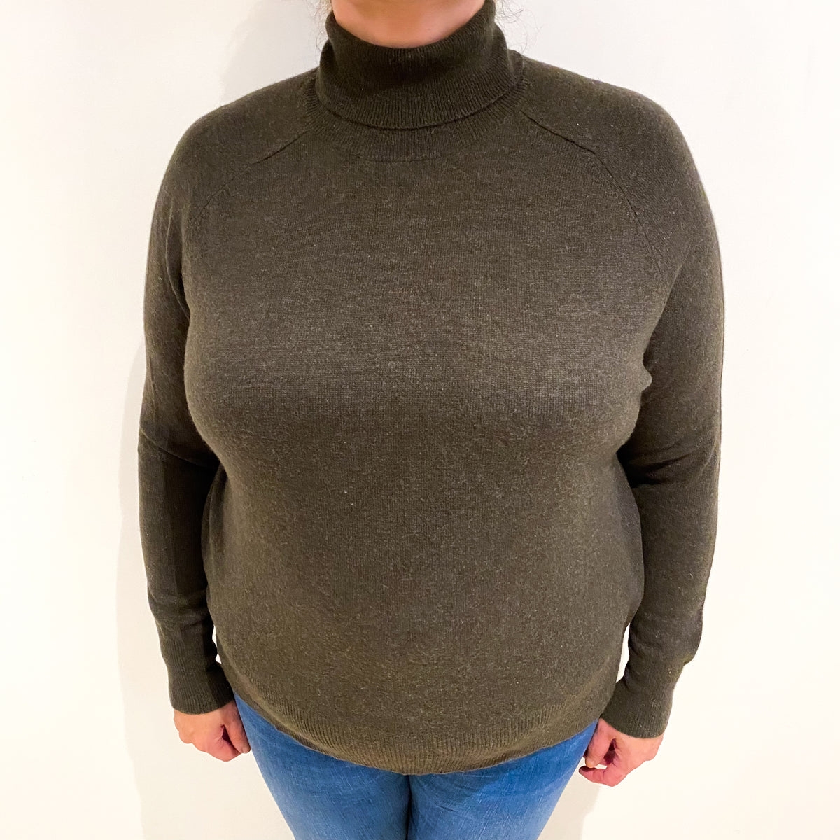 Deep Khaki Green Cashmere Polo Neck Jumper Extra Large