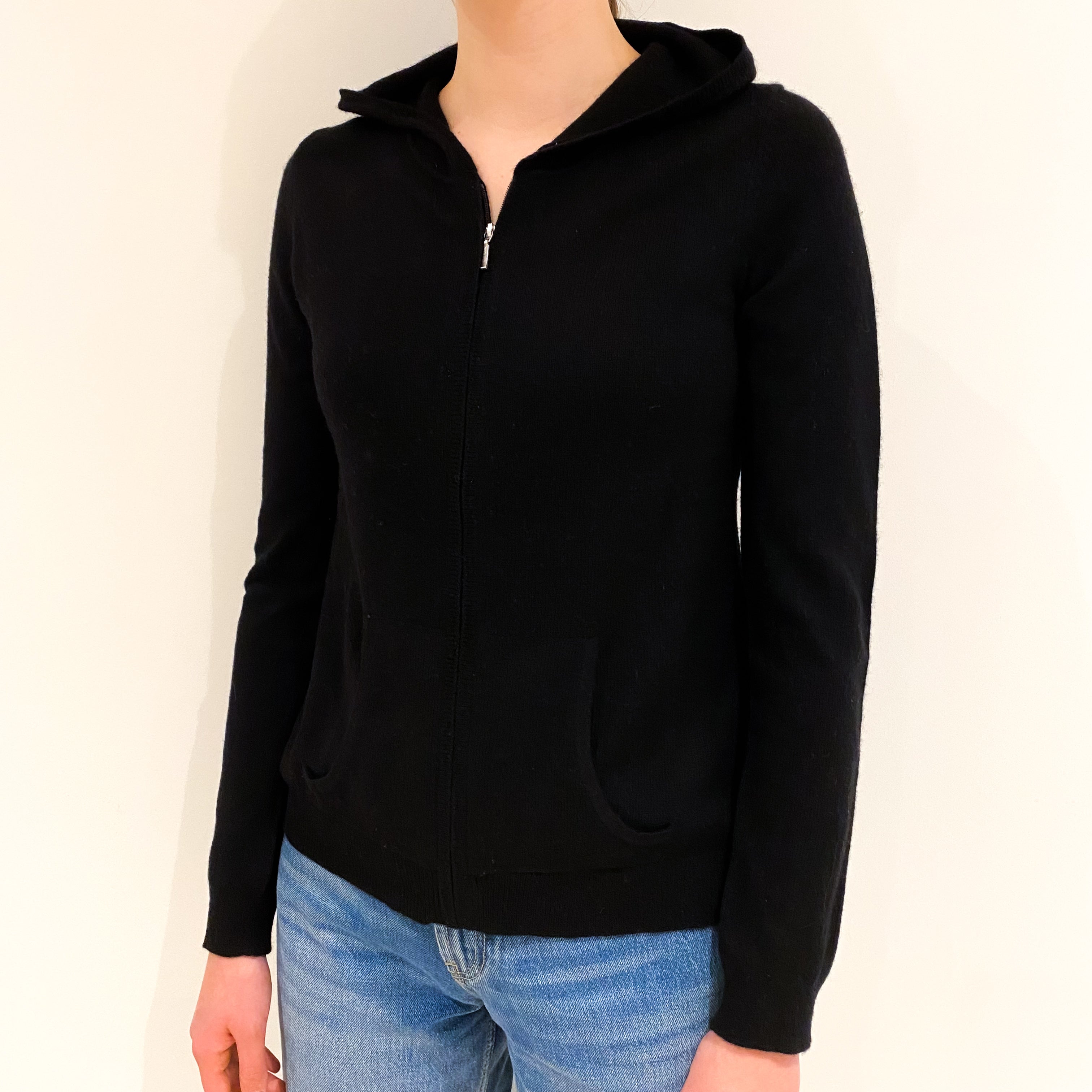 Black Cashmere Zip Front Hoodie Extra Small