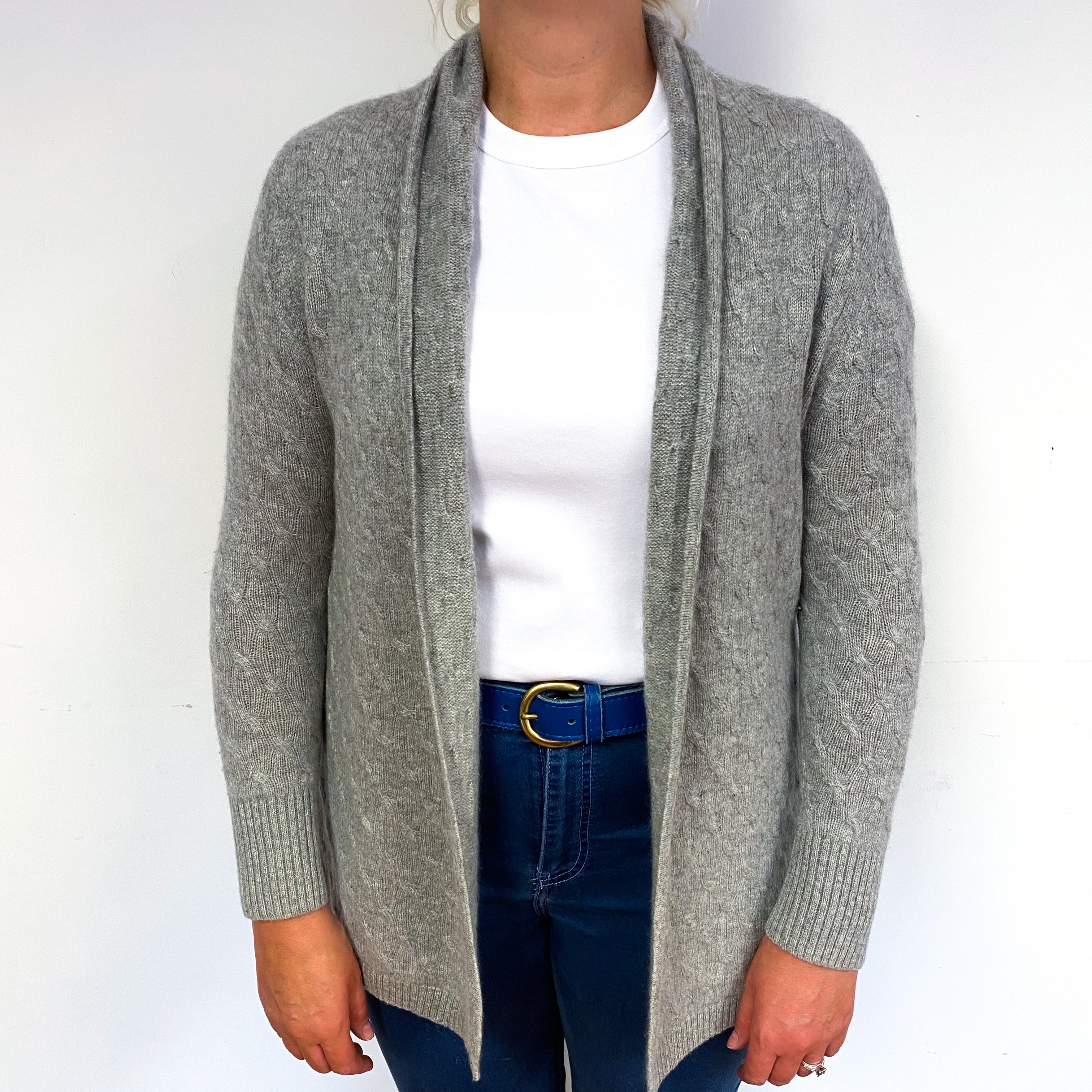 Smoke Grey Cable Cashmere Edge to Edge Cardigan Large