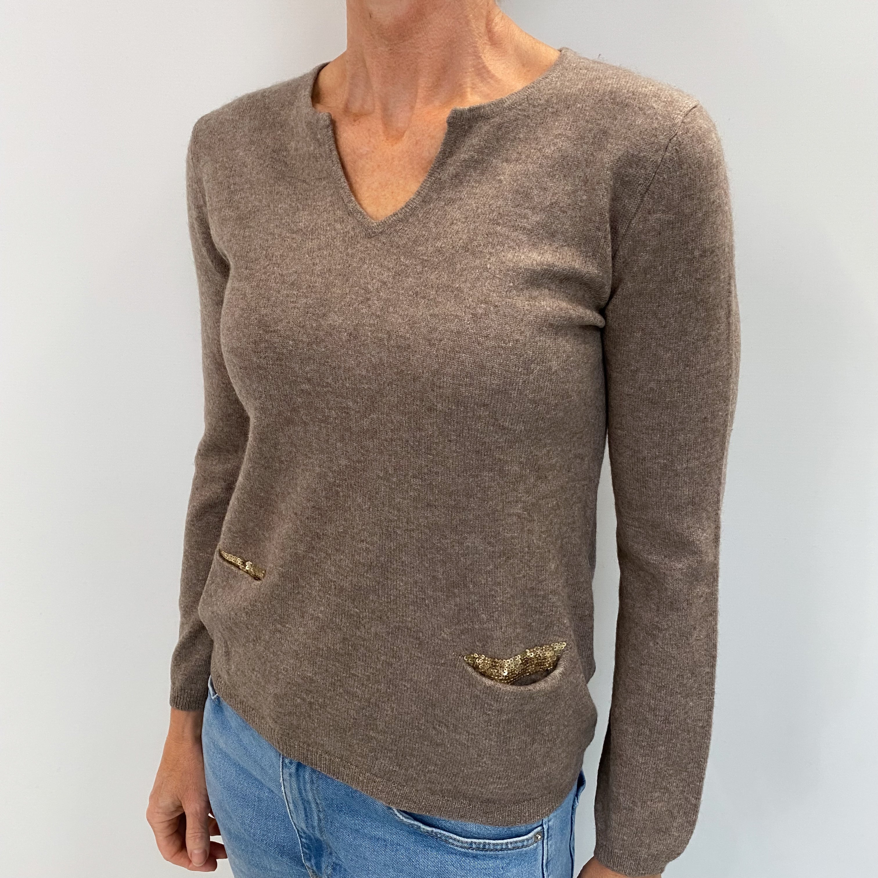 Mocha Brown Cashmere Notch Neck Jumper with Pockets Small