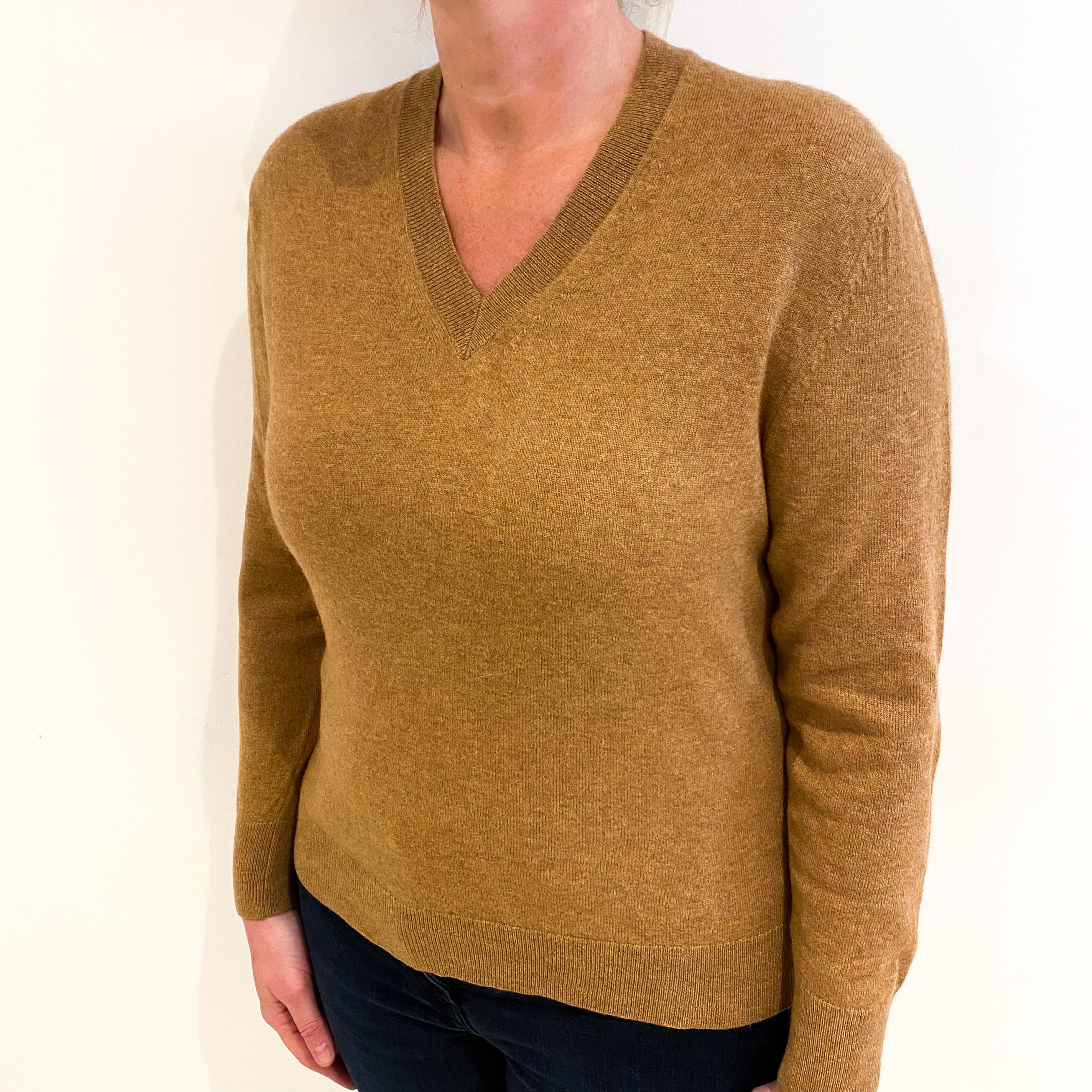 Butterscotch Brown Cashmere V Neck Jumper Large