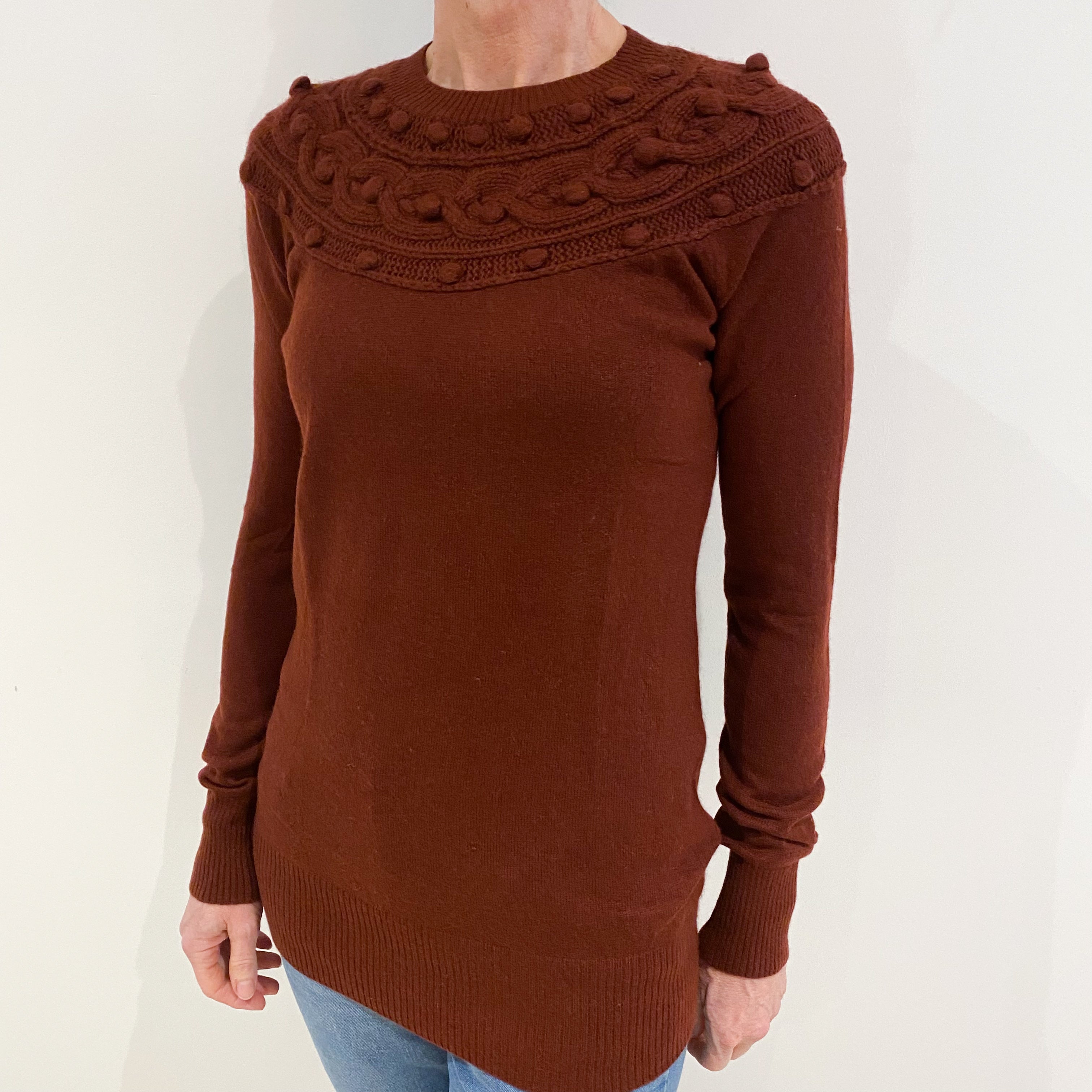 Maroon Red Fancy Knit Cashmere Crew Neck Jumper Small