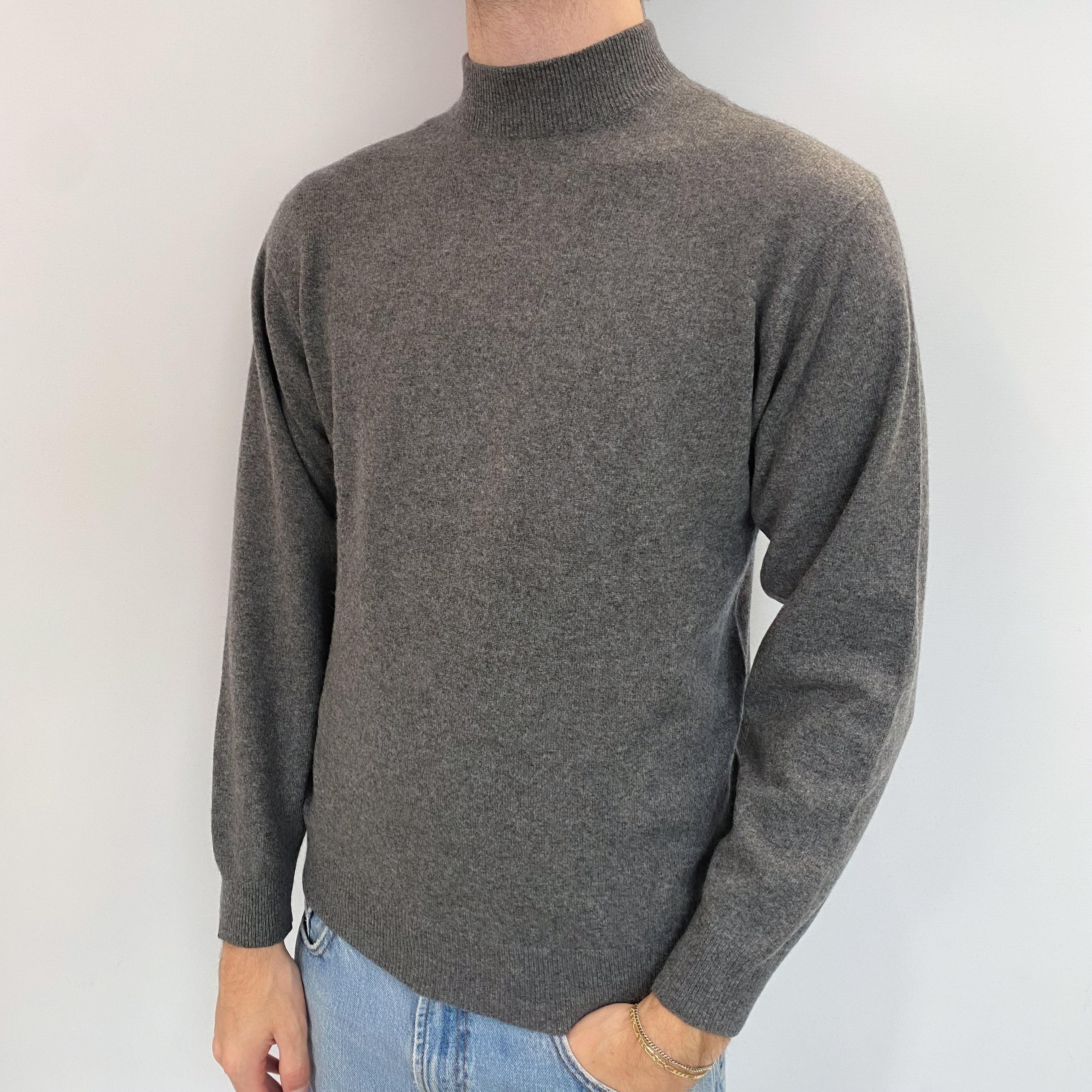 Men's Slate Grey Cashmere Turtle Neck Jumper Medium