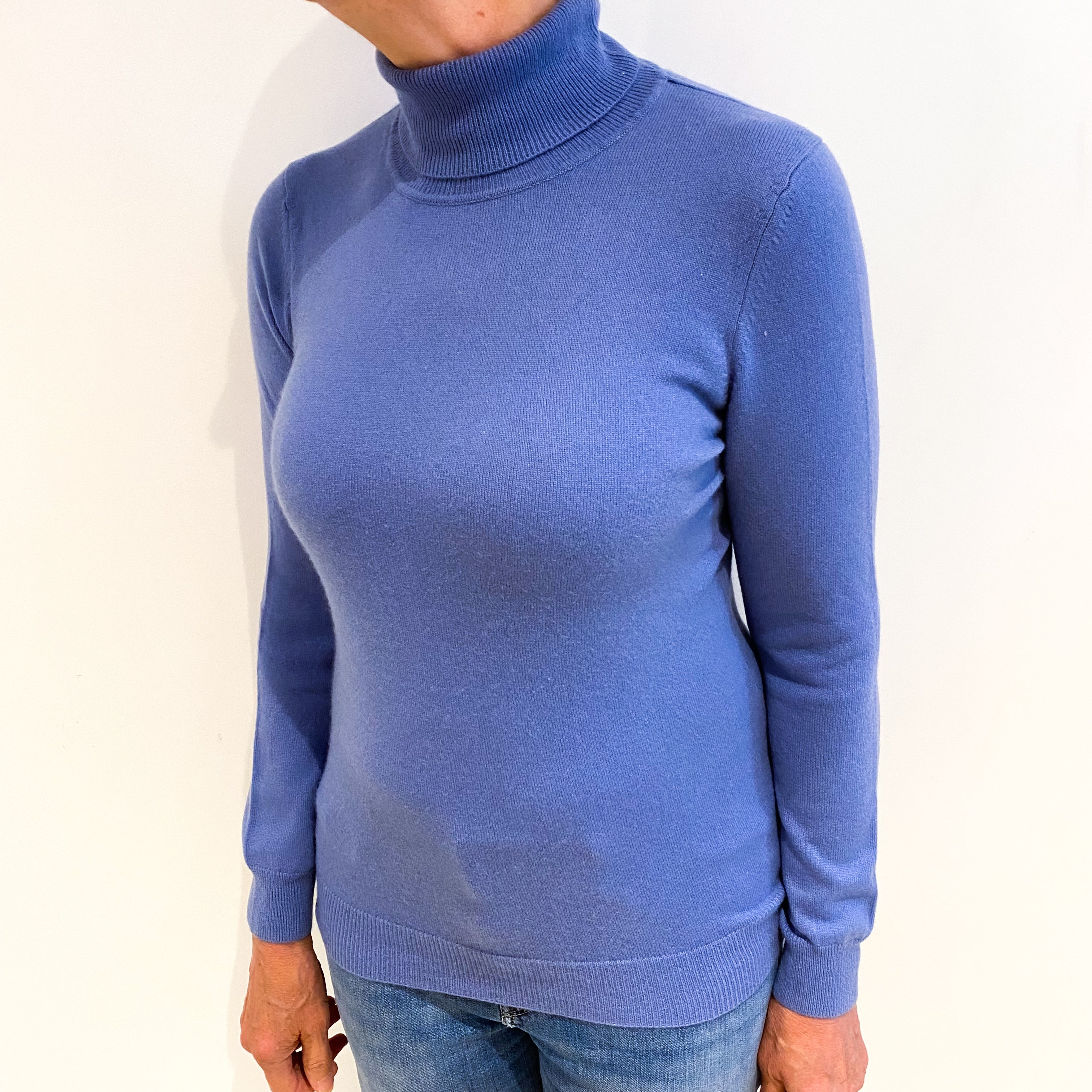Cornflower Blue Cashmere Polo Neck Jumper Medium