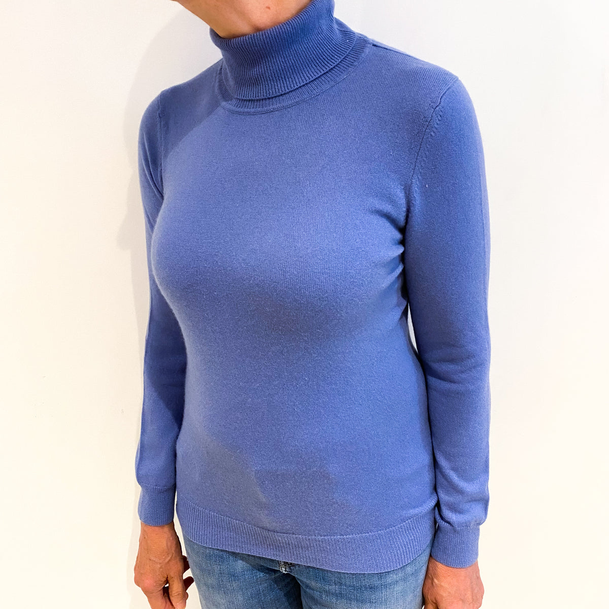 Cornflower Blue Cashmere Polo Neck Jumper Medium