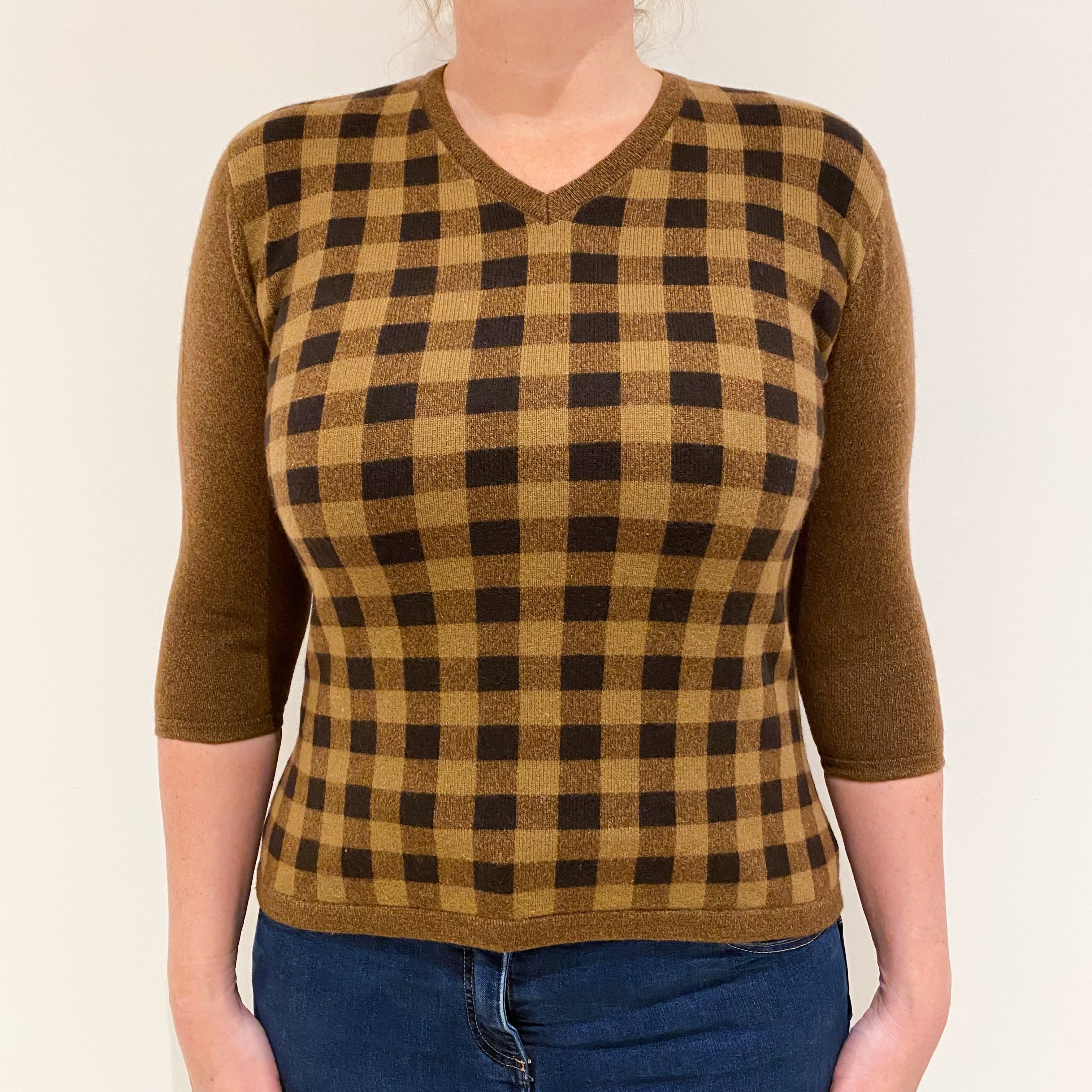 Chestnut Brown Check Cashmere V-Neck Jumper Large