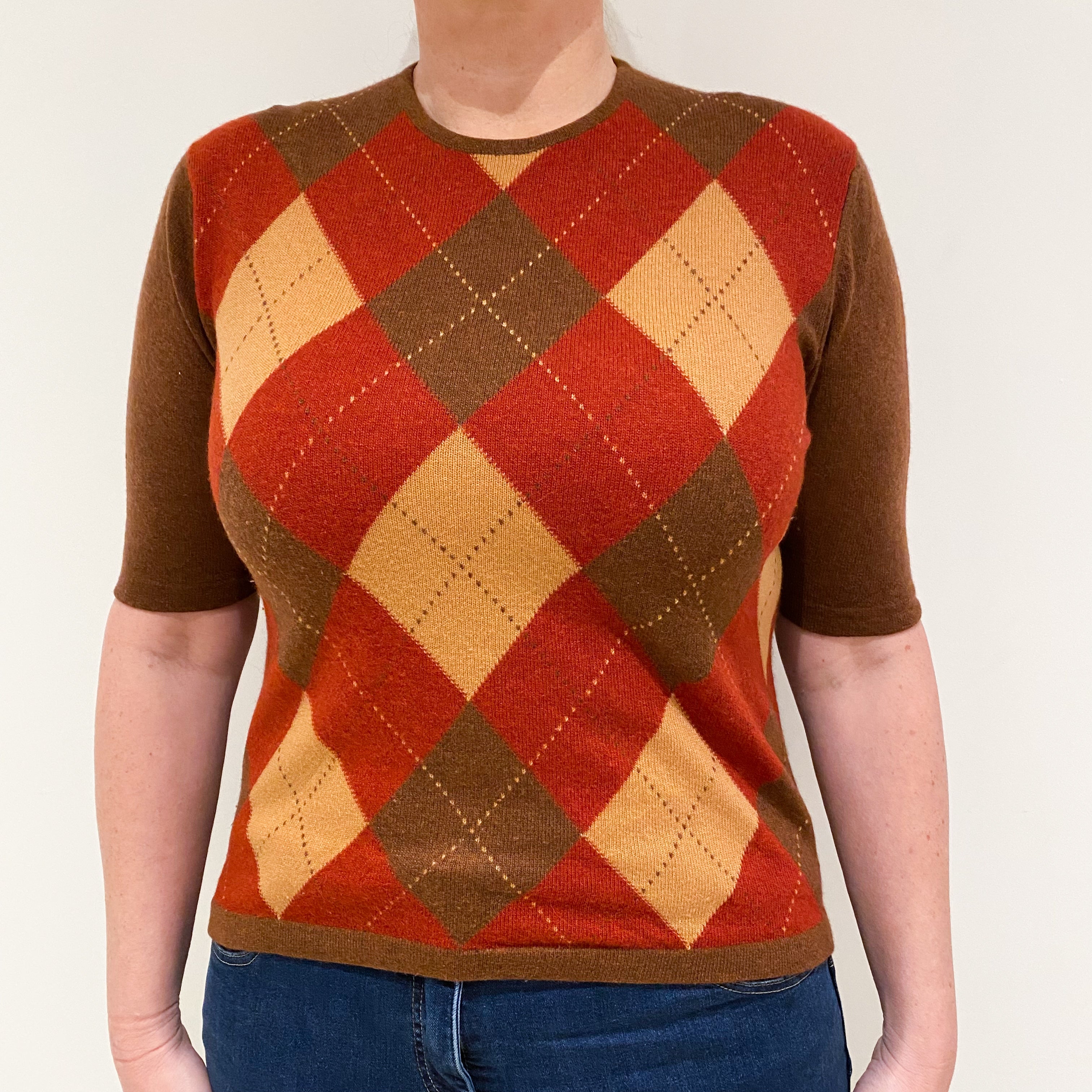 Brown and Red Diamond Cashmere Short Sleeved Crew Neck Jumper Large