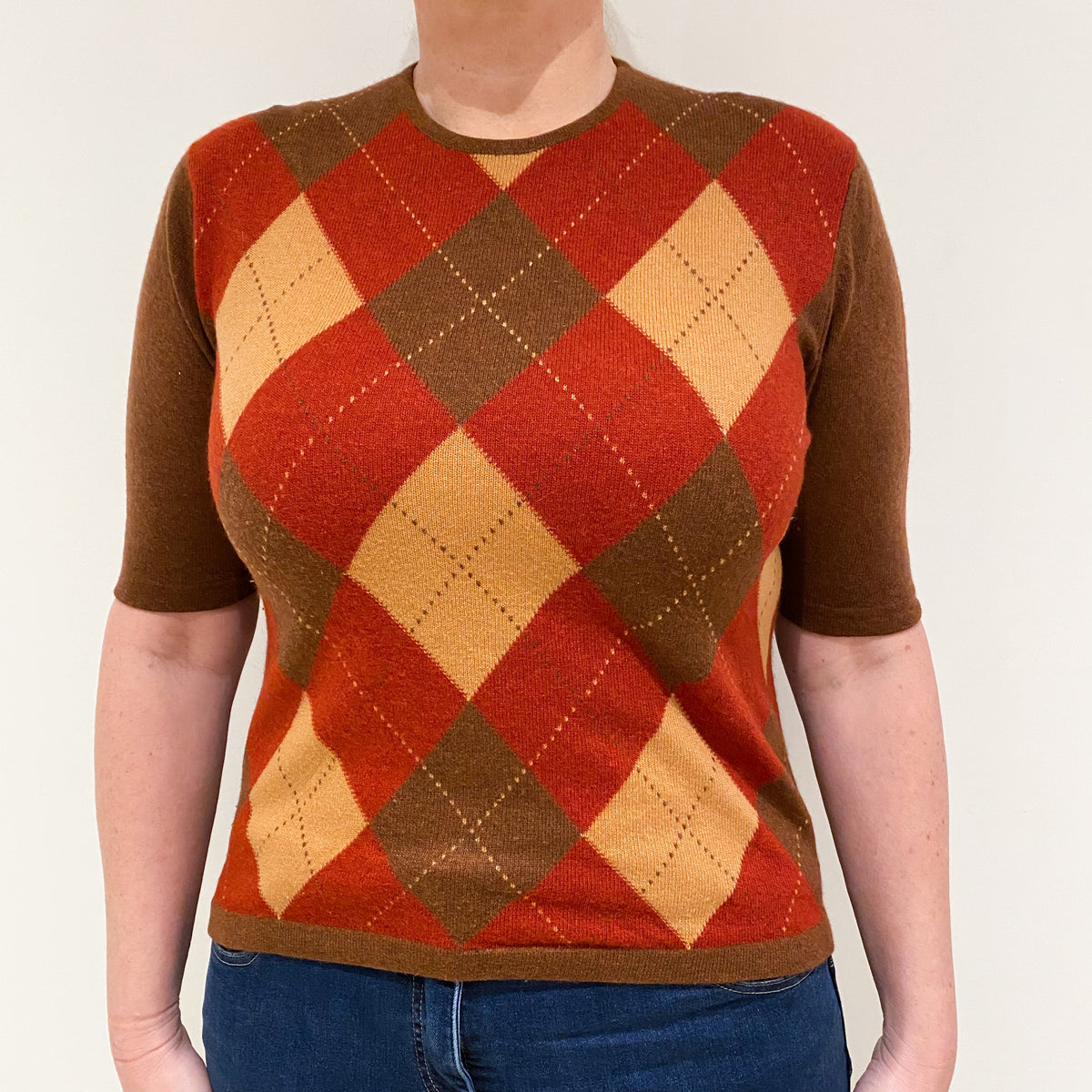 Brown and Red Diamond Cashmere Short Sleeved Crew Neck Jumper Large