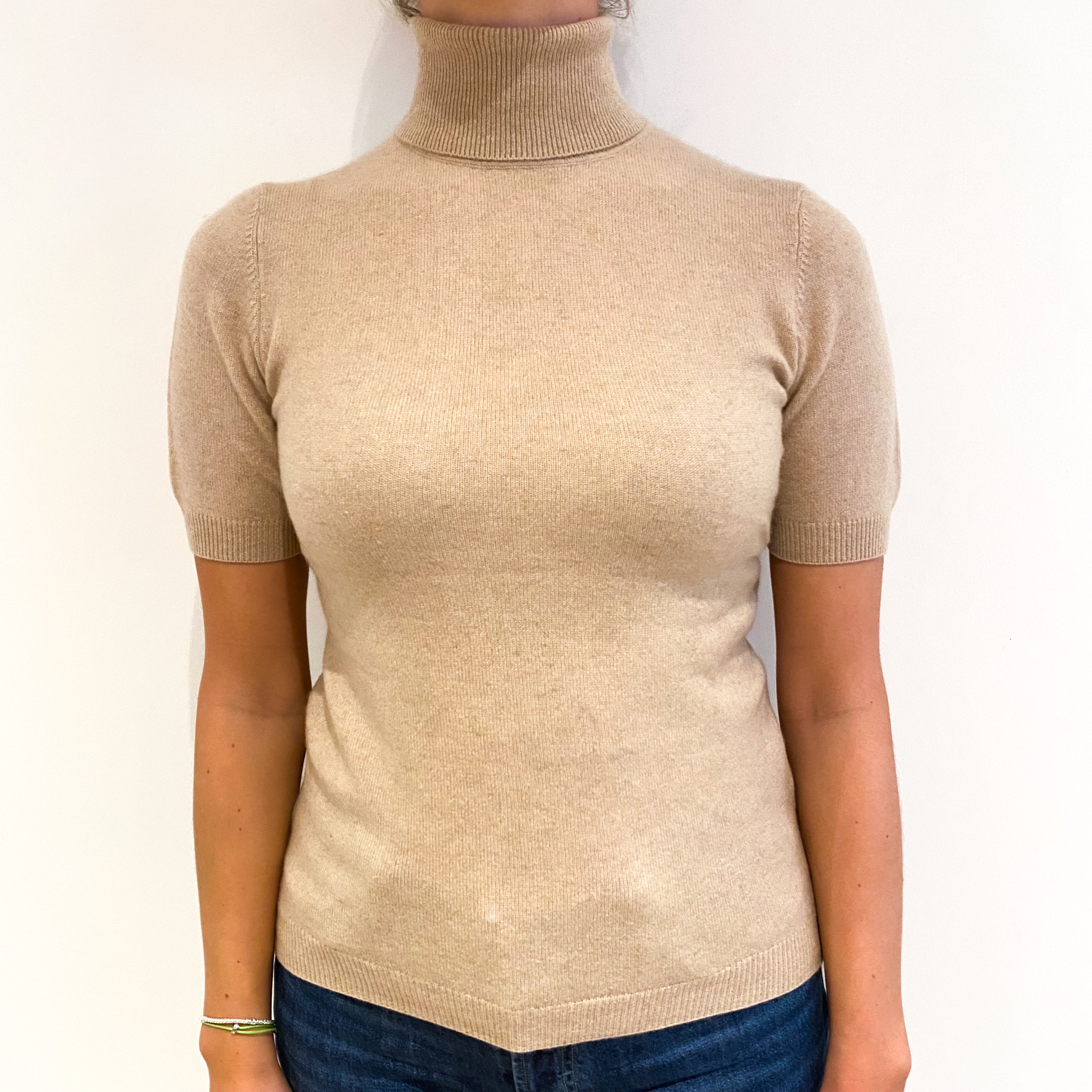 Buff Beige Cashmere Short Sleeved Polo Neck Jumper Small