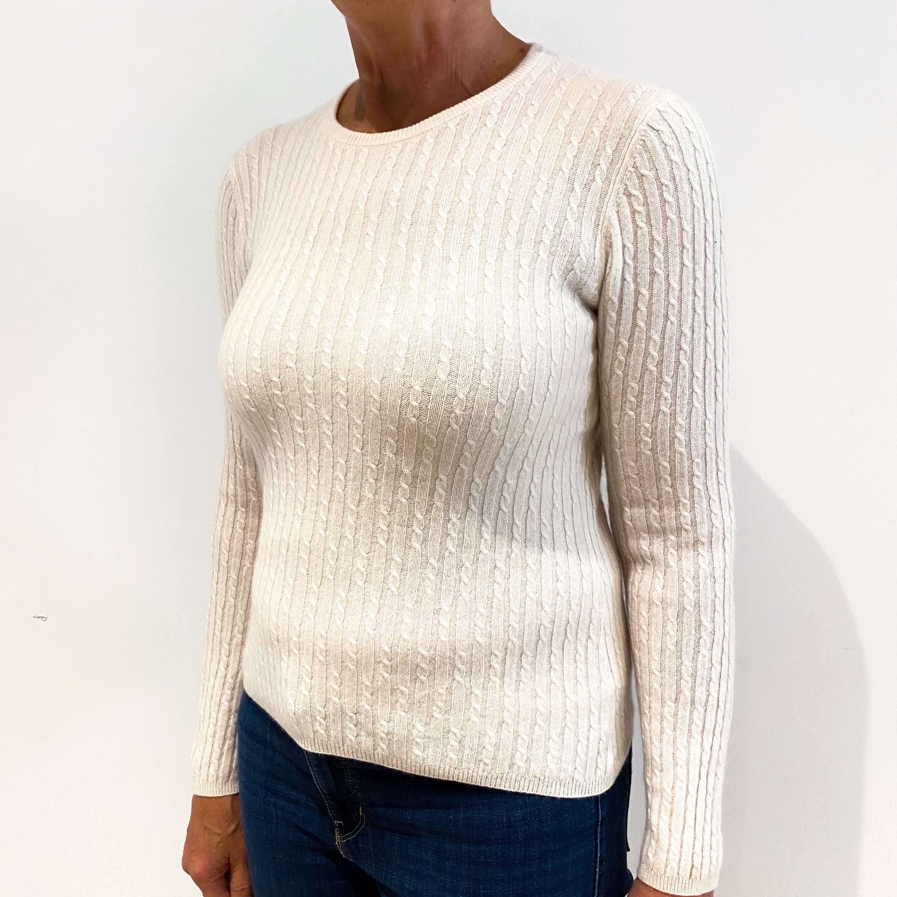 Cream Cable Knit Cashmere Crew Neck Jumper Medium