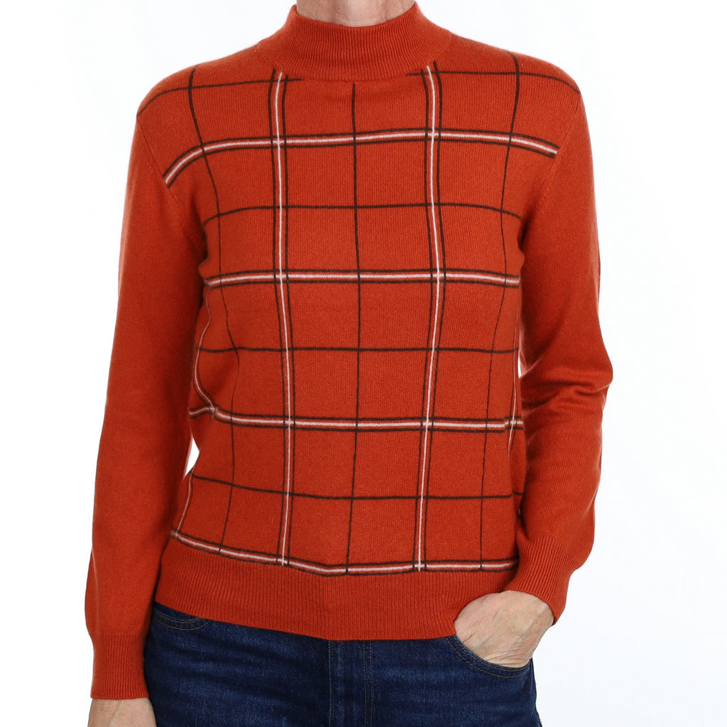 Burnt Orange Check Cashmere Turtle Neck Jumper Small