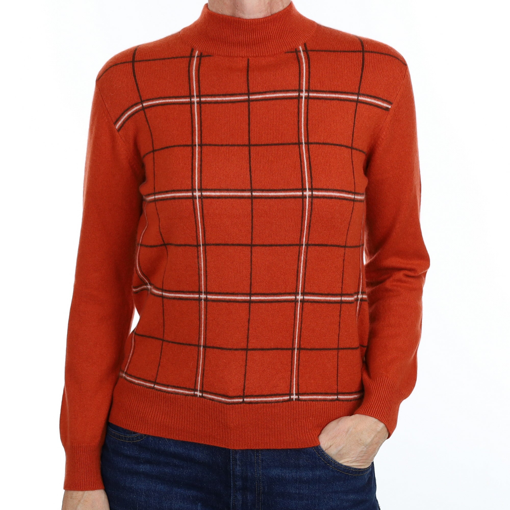 Burnt Orange Check Cashmere Turtle Neck Jumper Small